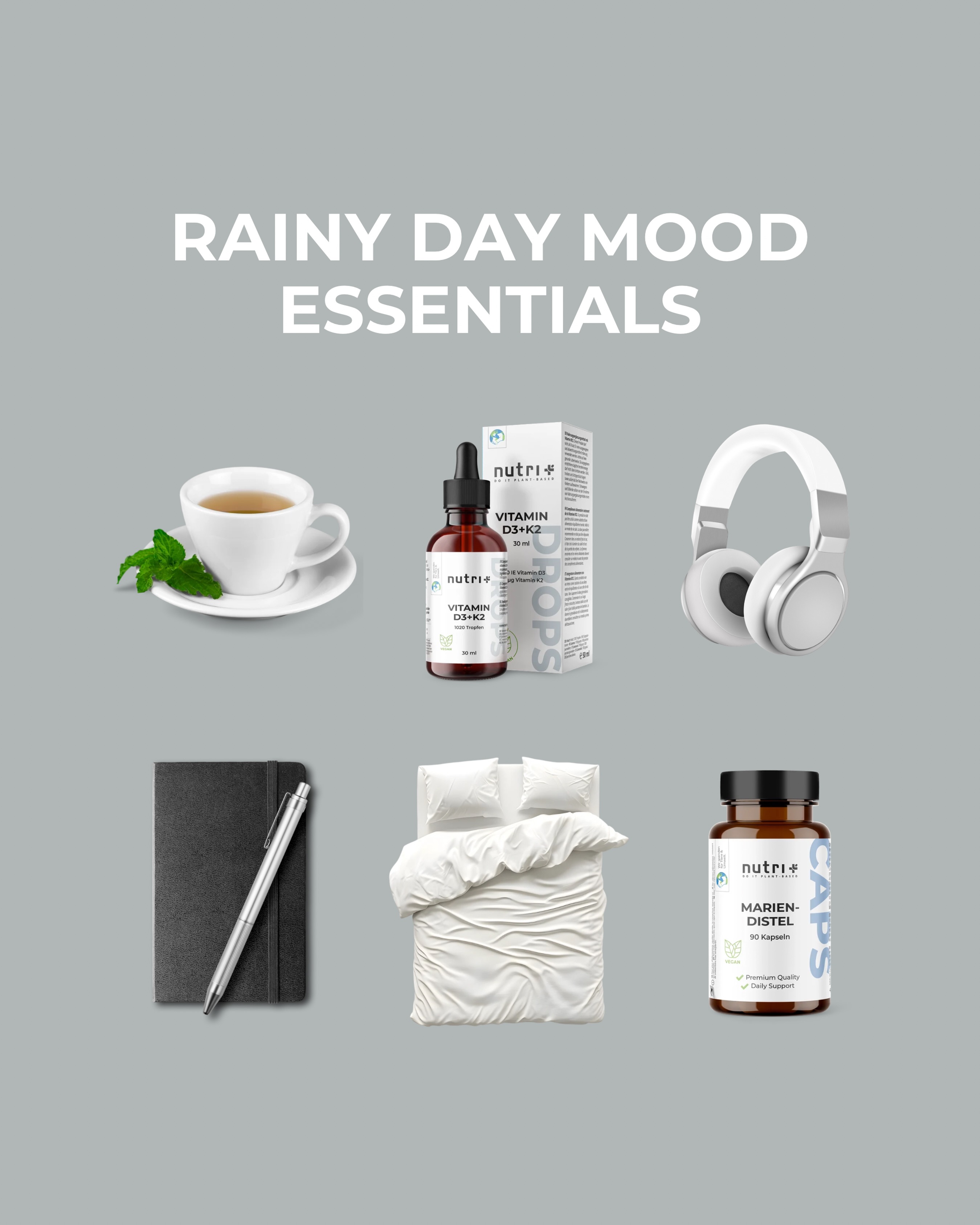 Rainy Day Mood Essentials für graue Frühlingstage ☁️
Passend zum Mental Health Month zeigen wir dir unsere Must-Haves, um auch ohne Sonne neue Energie zu tanken und gut zu dir selbst zu sein:
 
✔️ Heißer Tee – wärmt von innen und sorgt sofort für ein Gefühl von Gemütlichkeit und Entspannung.
✔️ Unsere Vitamin D3 + K2 Tropfen – hol dir das „Sonnenvitamin“ einfach in der Flasche und fülle deine Speicher von innen auf.
✔️ Kopfhörer – Welt aus, Lieblings-Podcast oder Wohlfühl-Playlist an, um richtig abzuschalten.
✔️ Journaling – Gedanken einfach mal aufschreiben hilft dabei, den Kopf frei zu bekommen und mentalen Ballast abzuwerfen.
✔️ Kuscheliges Bett – der perfekte Rückzugsort, um sich mit einem Buch einzukuscheln oder einfach mal durch ausreichend Schlaf neue Energie zu tanken.
✔️ Unsere Mariendistel Kapseln – deine tägliche Portion Pflanzenkraft. Die Kombi aus Mariendistel, Artischocke und Löwenzahn liefert dir wertvolle Bitterstoffe für deine Self-Care-Routine.
 
Was ist dein absolutes Must-Have an einem Regentag? ☕️📖

#NutriPlus#MentalHealth#PlantBased#Selfcare#MentalHealthMonth