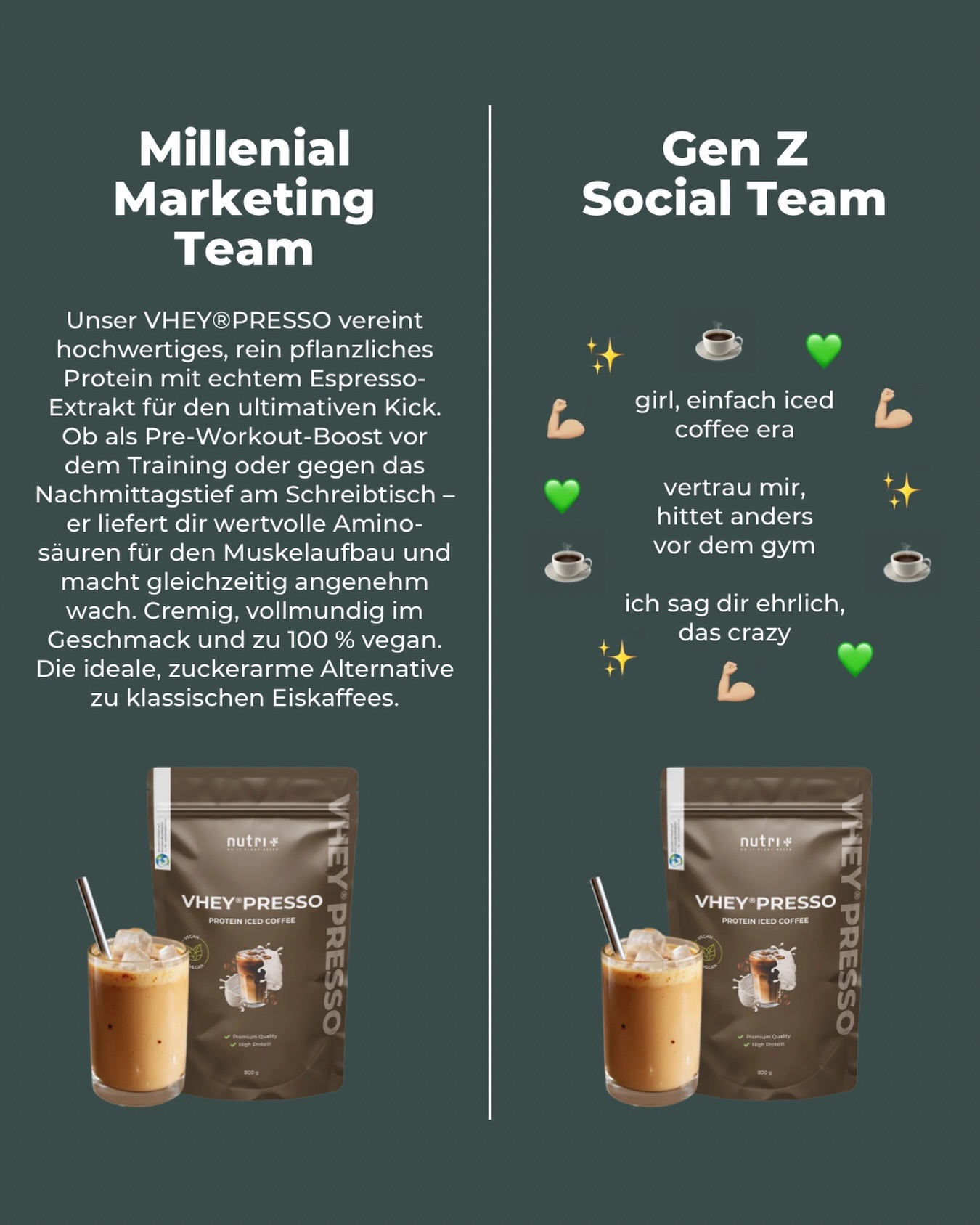 Millennial Marketing Team vs. Gen Z Social Team 😮‍💨☕️
Wer hat euch überzeugt?

psst 👀 20% auf alle VHEY®PRESSO Beutel diese Woche (auch Decaf) mit Code COFFEE20 bis Sonntag, 24.05., 23:59 Uhr.

#NutriPlus #MillennialVsGenZ #ProteinCoffee