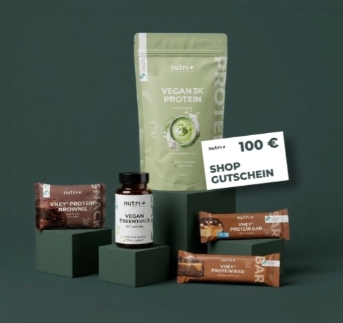 Nutri+ Produktset mit veganem 3K Protein, Whey Protein Brownie und Shop Gutschein über 100 €.