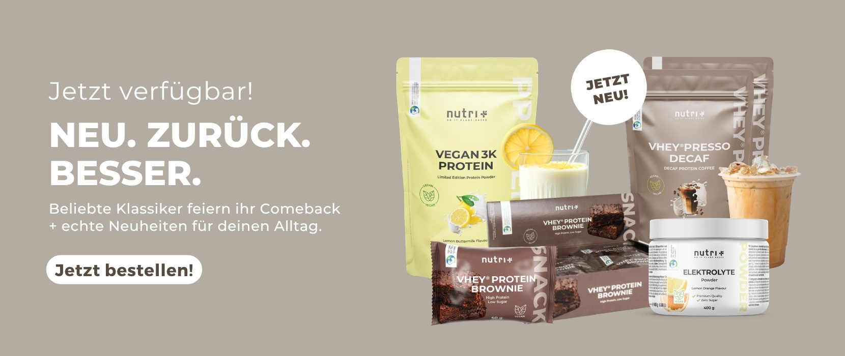 Verschiedene Nahrungsprodukte von nutri mit neuen und zurückkehrenden Klassikern in einer ansprechenden Anordnung.