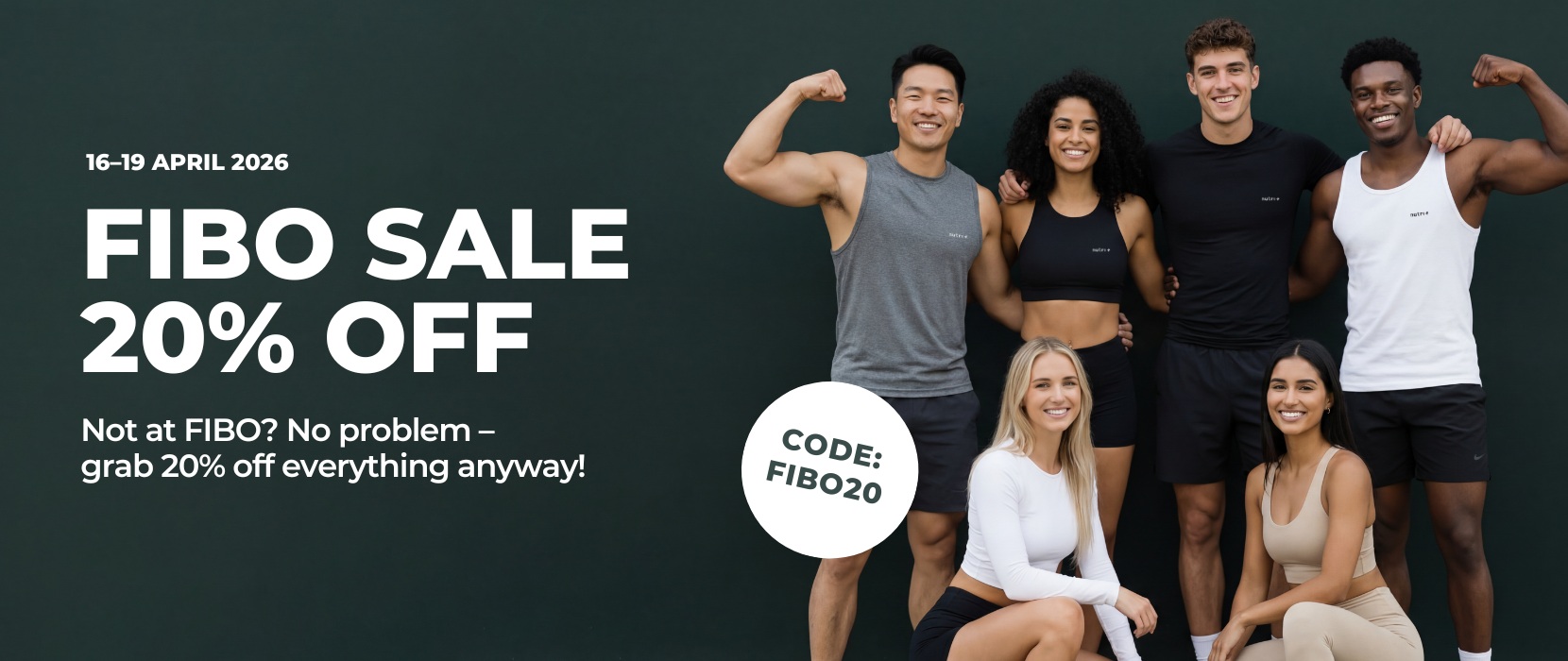 Group of six diverse individuals promoting the FIBO Sale, offering 20% off from 16-19 April 2026.