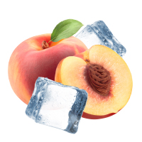 Frische Pfirsiche mit einer halbierten Frucht und Eiswürfeln für erfrischende Getränke.