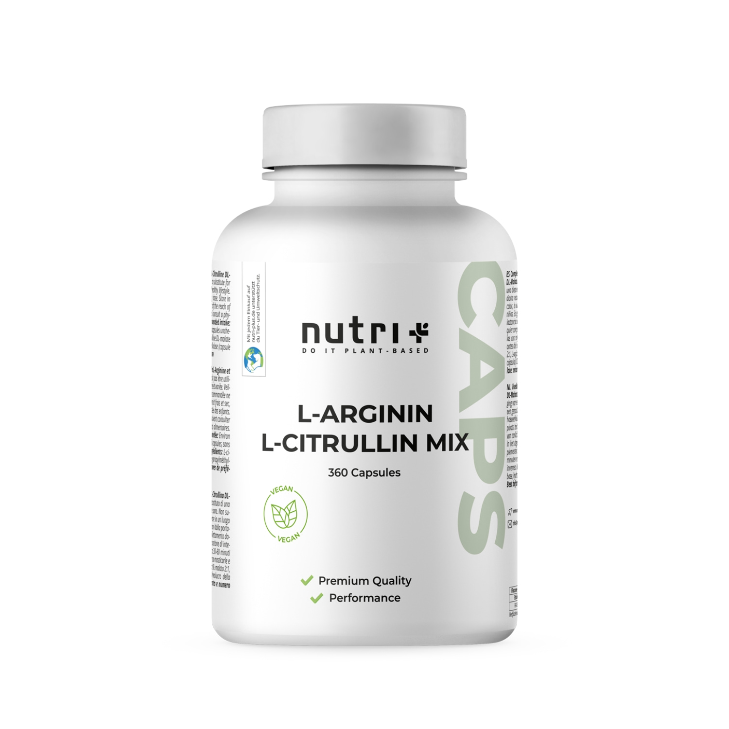 L-Arginin L-Citrullin Mix Kapseln in einer weißen Flasche mit 360 Kapseln für mehr Energie und Muskelaufbau.