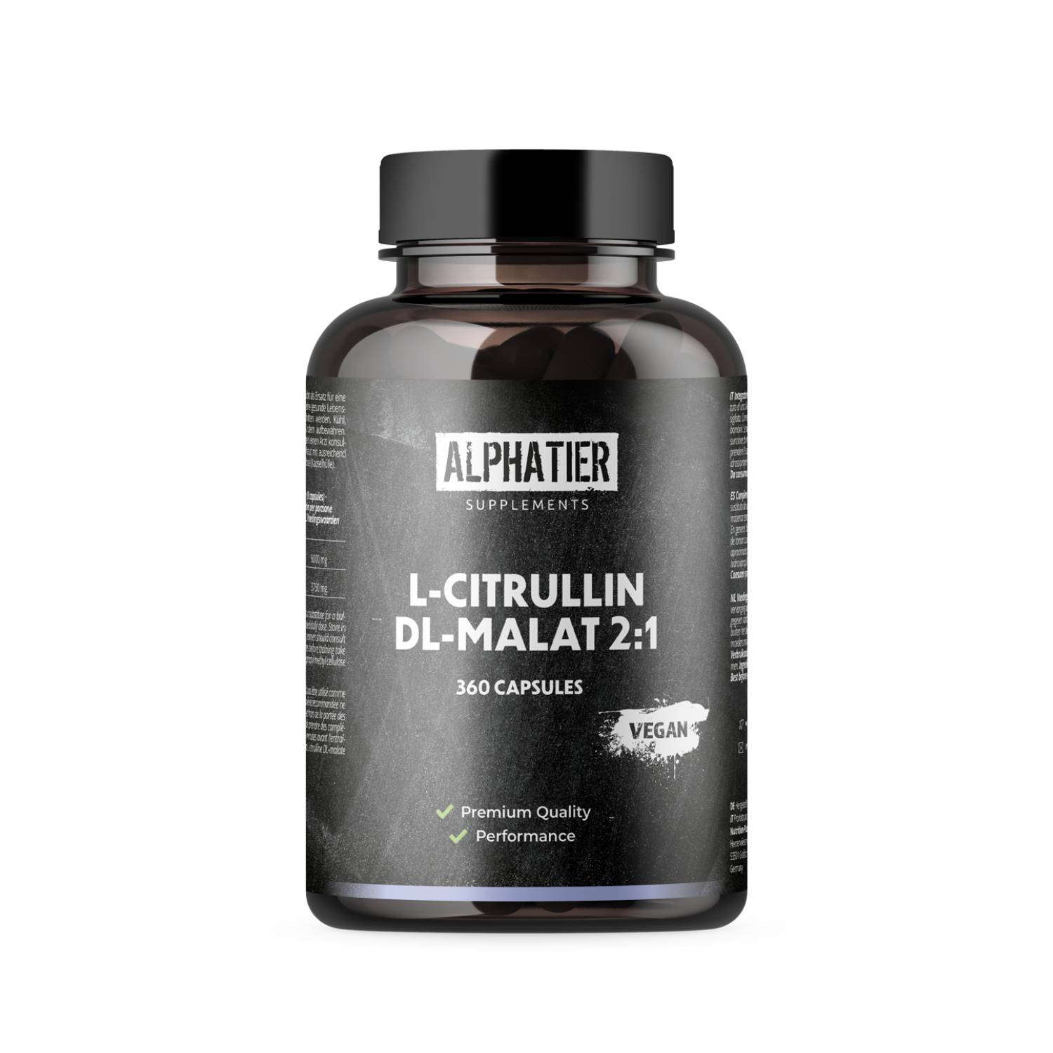 Schwarze Flasche mit L-Citrullin Kapseln von Alphatier, 360 vegane Kapseln als Nahrungsergänzung.