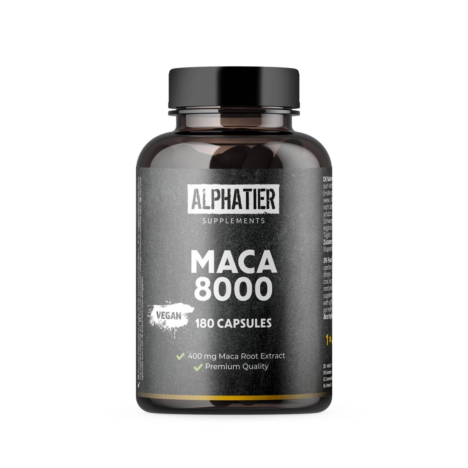Alphatier Maca 8000 Kapseln: schwarze Flasche mit 180 Kapseln, enthält 400 mg Maca-Wurzel-Extrakt, vegan.