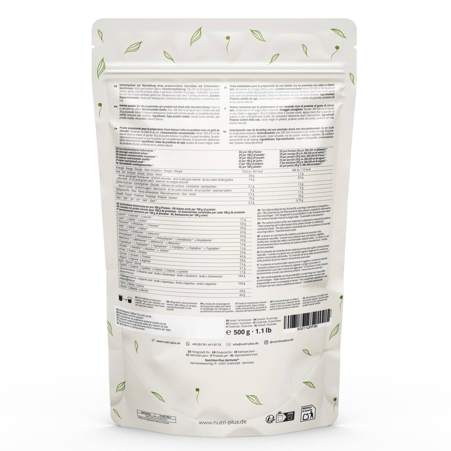 Rückansicht der Verpackung des Vegan Natures Proteinpulver Chocolate mit Nährwertangaben und Zutatenauszeichnung.