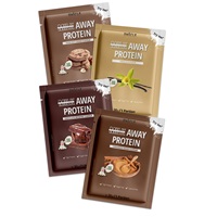 Verschiedene Sorten AWAY PROTEIN: Schokolade, Vanille, Cookies und Karamell in praktischen Portionspackungen.