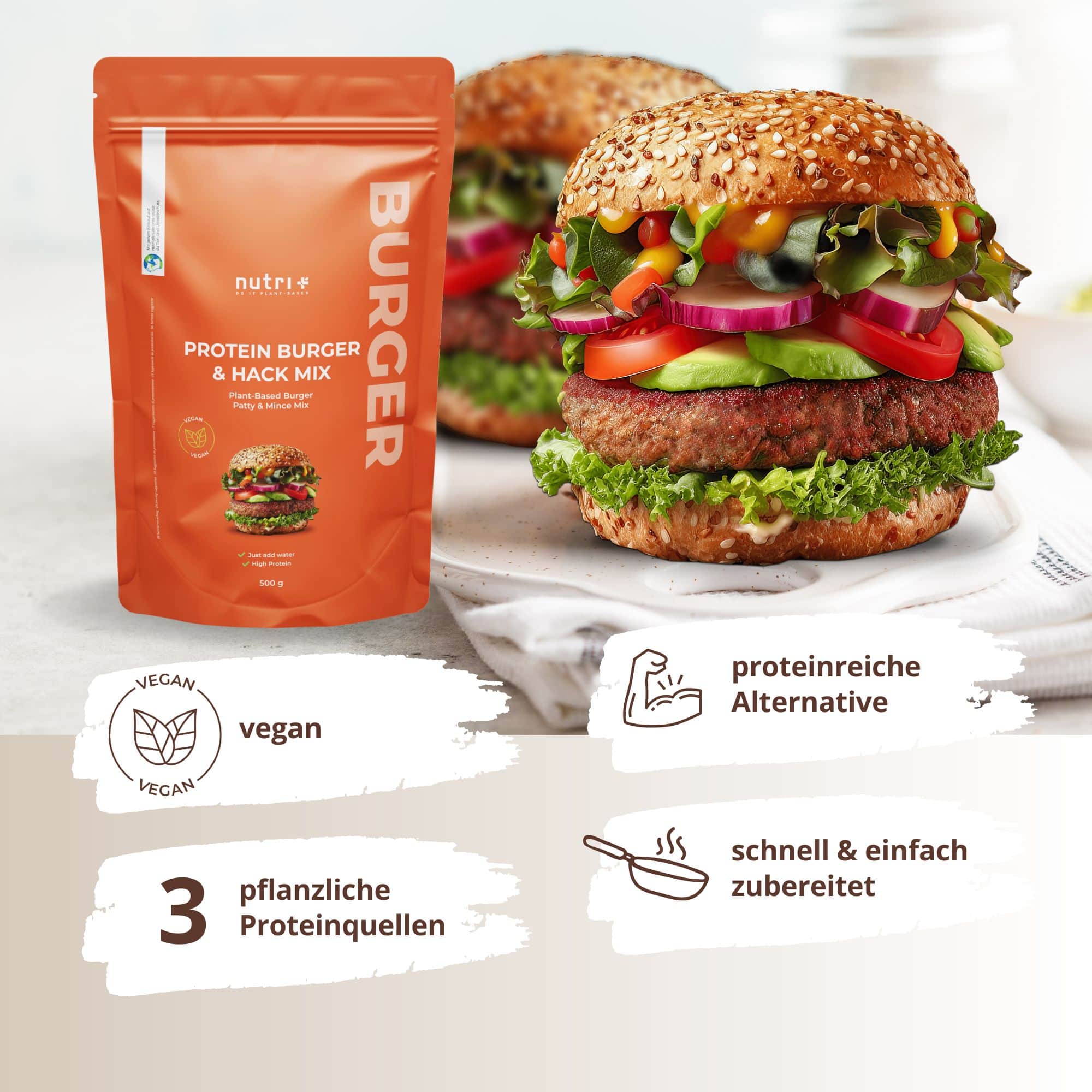 Burger - Plant-Based Patty Mix in der Verpackung mit zwei leckeren Burgern, frisch belegt und pflanzlich.