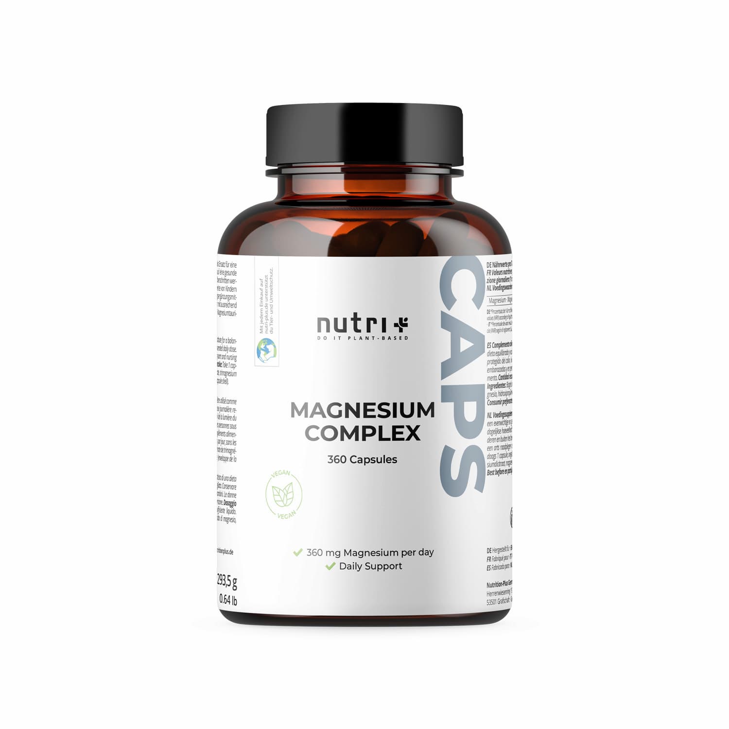 Flasche mit Magnesium Complex Kapseln: 360 vegane Kapseln, tägliche Unterstützung mit 360 mg Magnesium.