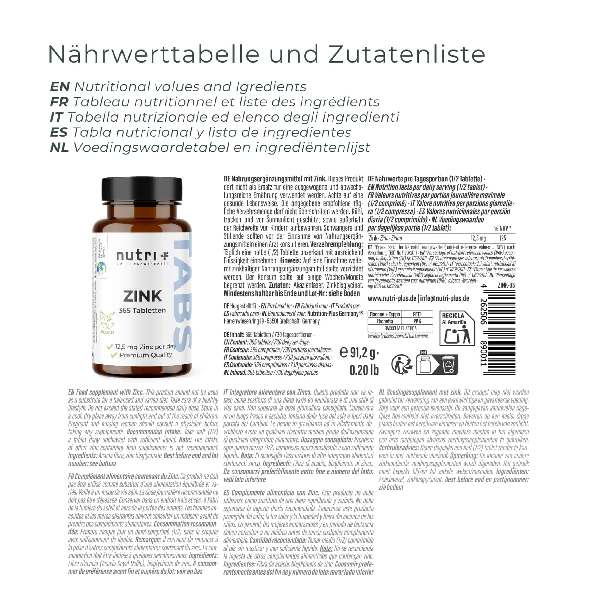 Nährwerttabelle und Zutatenliste für Zink Tabletten in einer ausführlichen Übersicht.