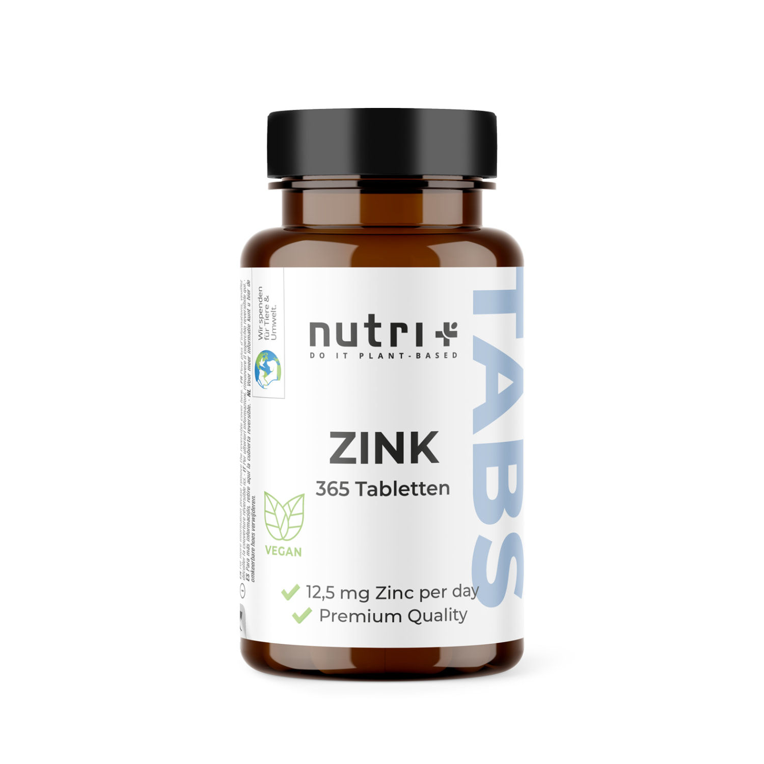 Zink Tabletten von nutri in einer braunen Flasche, 365 Stück mit 25 mg Zink pro Tablette.