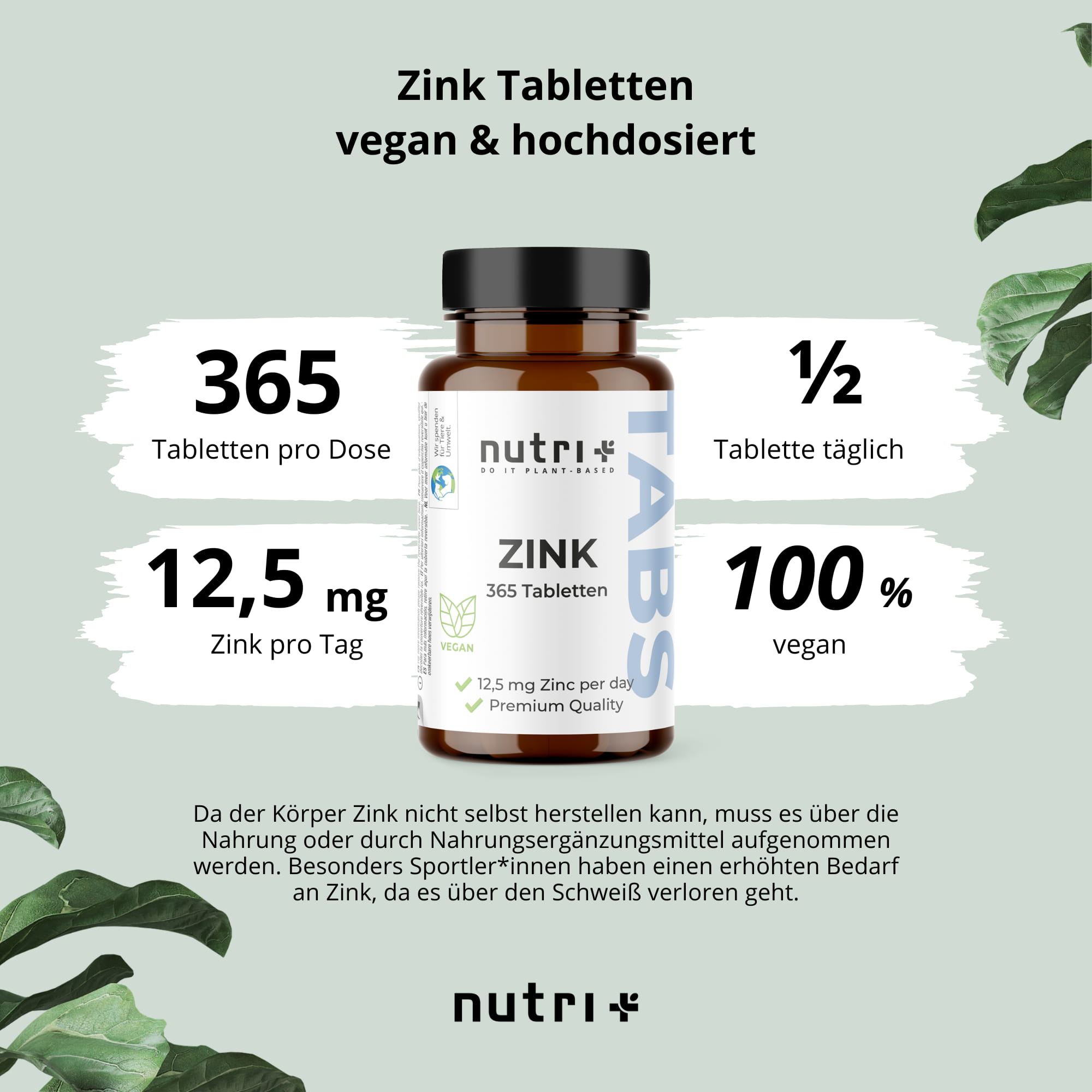Zink Tabletten: Flasche mit 365 hochdosierten veganen Tabletten zu 25 mg Zink pro Tablette.