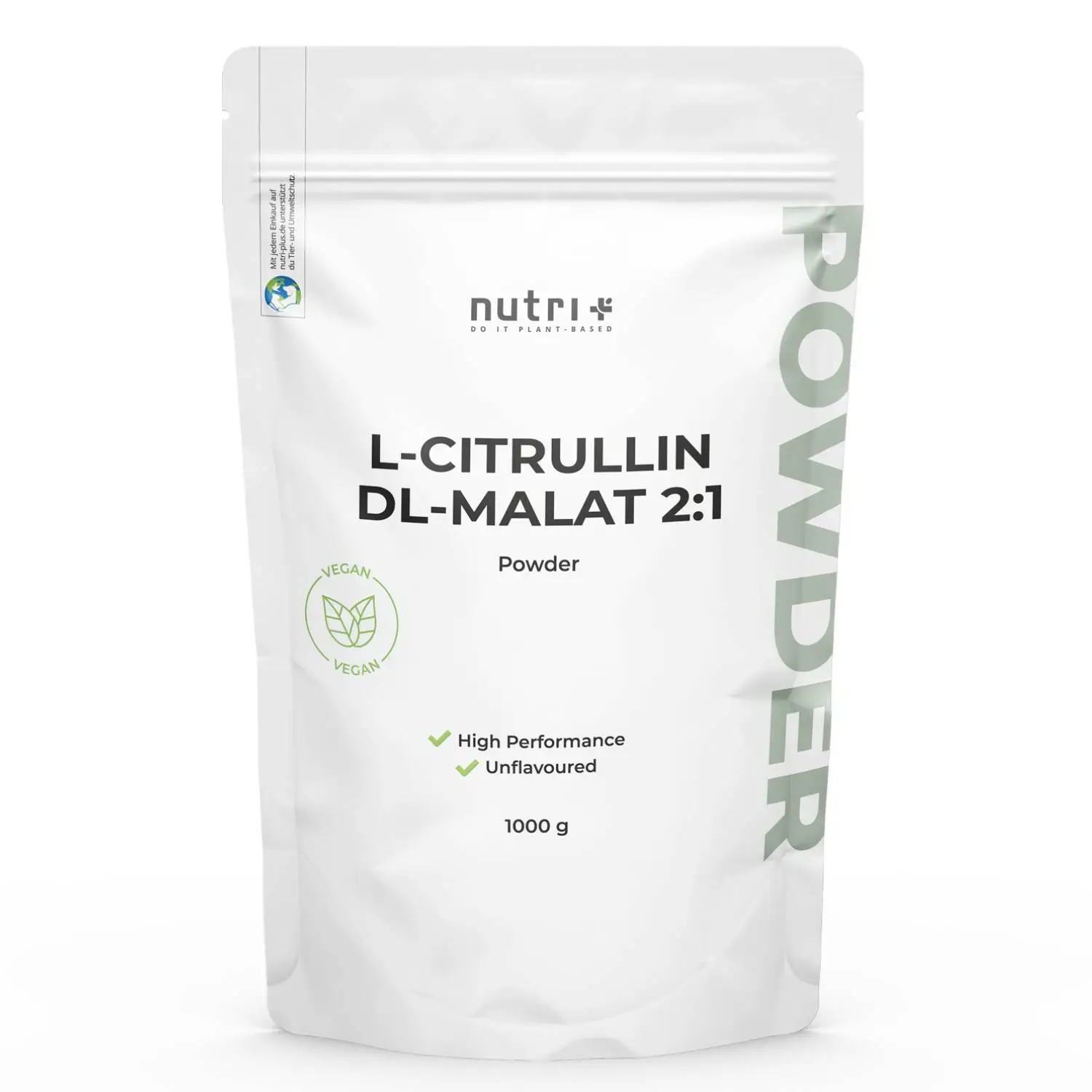 Verpackung des L-Citrullin Pulvers (1000 g) in umweltfreundlicher Tüte für vegane Ernährung.