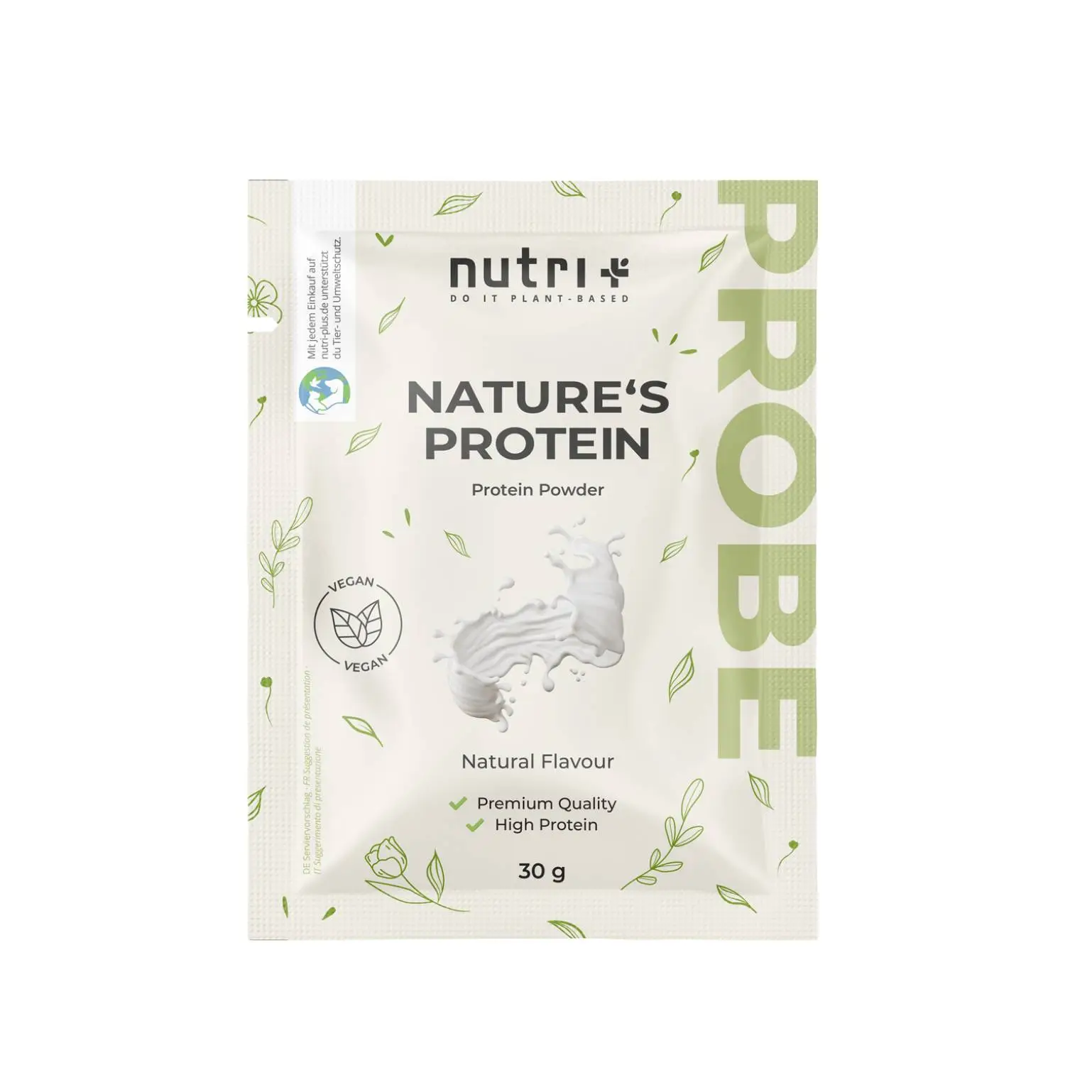 Verpackung des Vegan Natures Proteinpulver Probe Natural mit pflanzlichem Protein und natürlichem Geschmack.