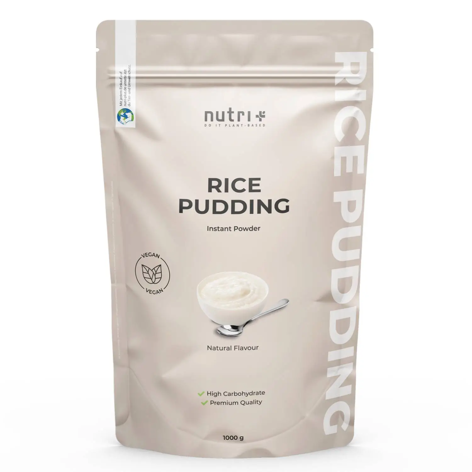 Verpackung des Rice Pudding Instantpulvers in einer neutralen Tüte mit Naturgeschmack.