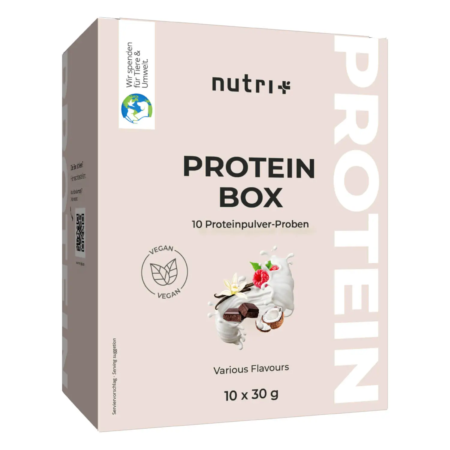 Vegan 3K Protein Box mit 10 Proben in verschiedenen Geschmacksrichtungen für proteinreiche Ernährung.