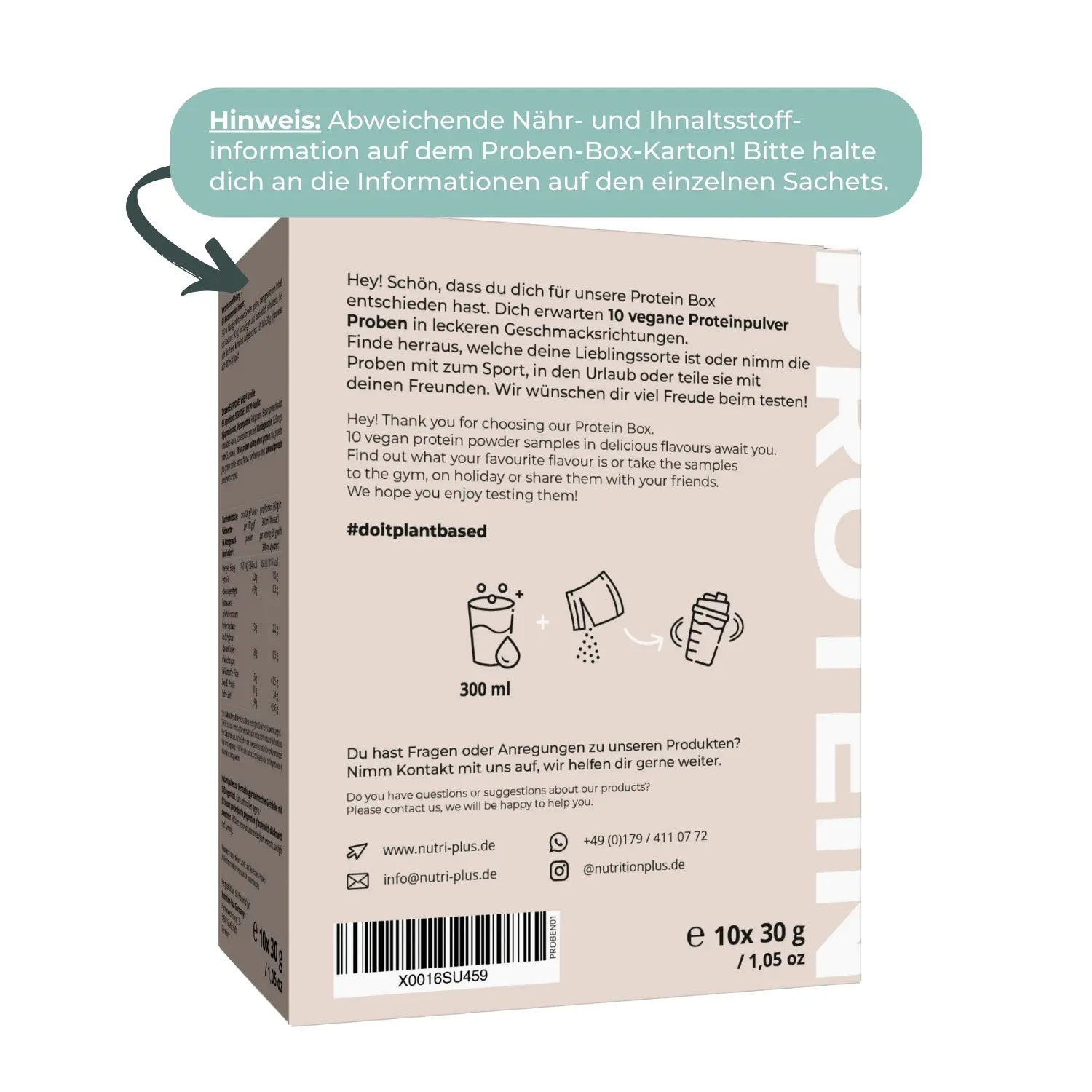 Rückansicht der Vegan 3K Protein Box mit 10 Proben und Nährstoffinformationen auf der Verpackung.
