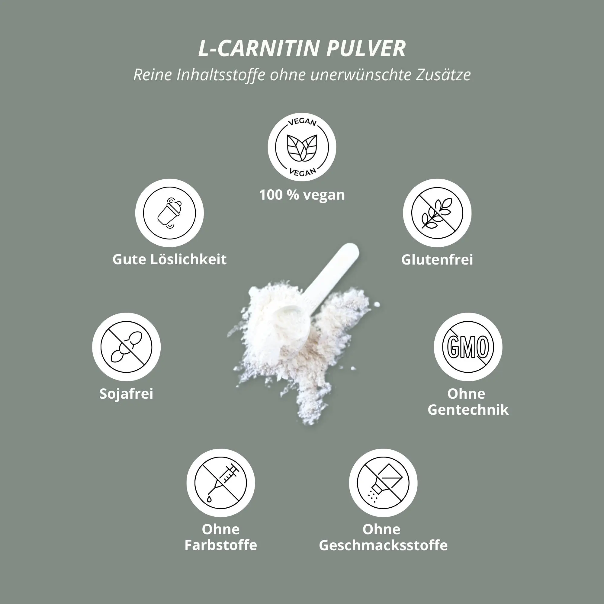 L-Carnitin Pulver (Carnipure®) in weißem Pulver mit einem Messlöffel und Symbolen für Reinheit und Qualität.