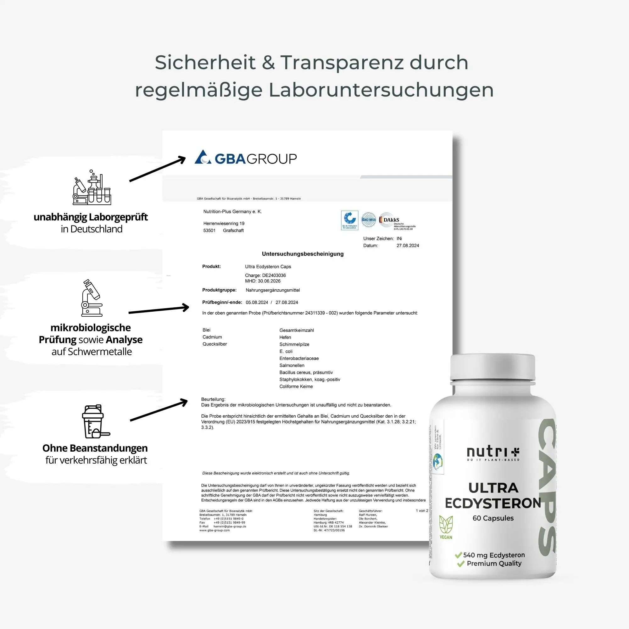 Ultra Ecdysteron Kapseln + Leucin mit Laborberichten für Sicherheit und Transparenz bei der Qualität.