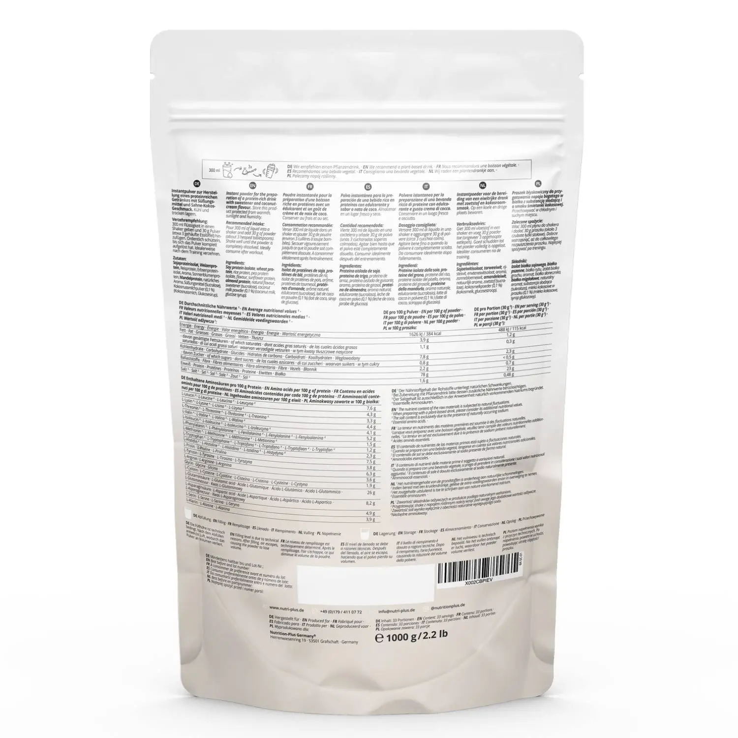 Rückansicht des Vegan 6K Proteinpulver Sahne-Kokos mit Nährwertangaben und Zutatenliste.
