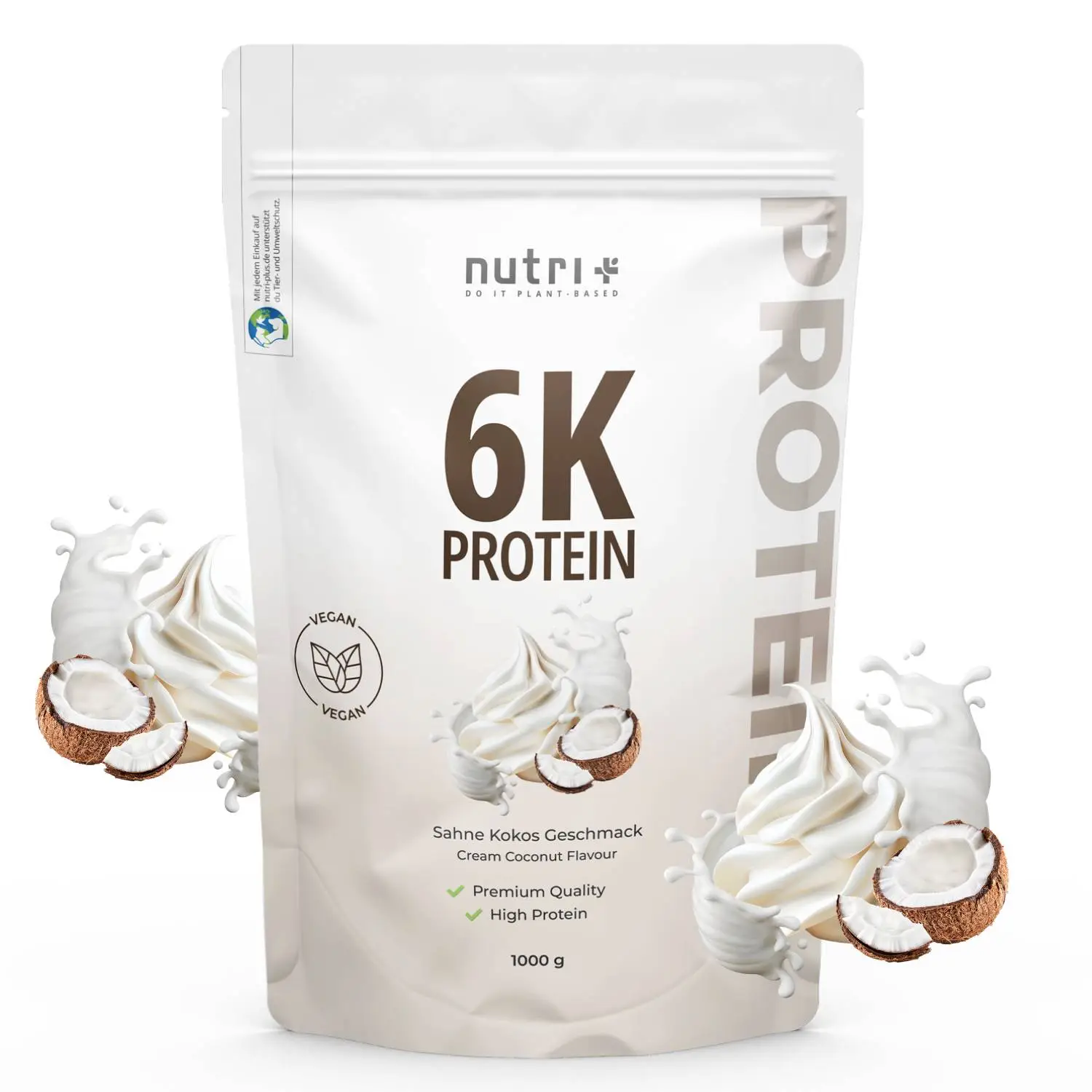 Vegan 6K Proteinpulver mit Sahne-Kokos-Geschmack in einer 1000 g Verpackung.