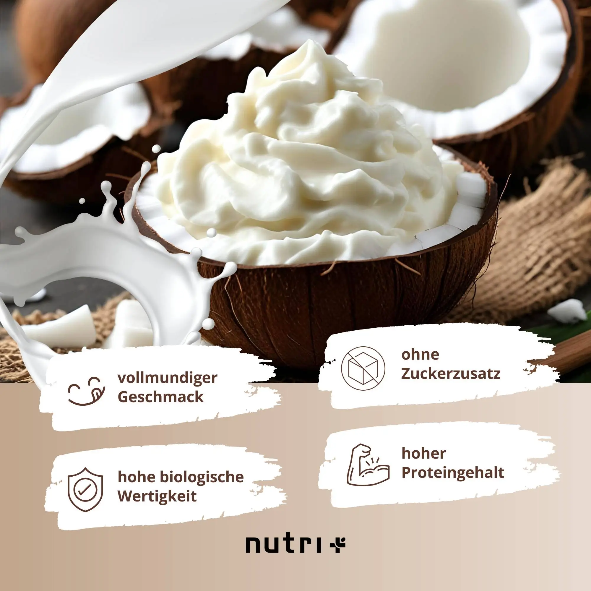 Vegan 6K Proteinpulver Sahne-Kokos in einer halben Kokosnuss mit Sahne und Informationen zu den Vorteilen.