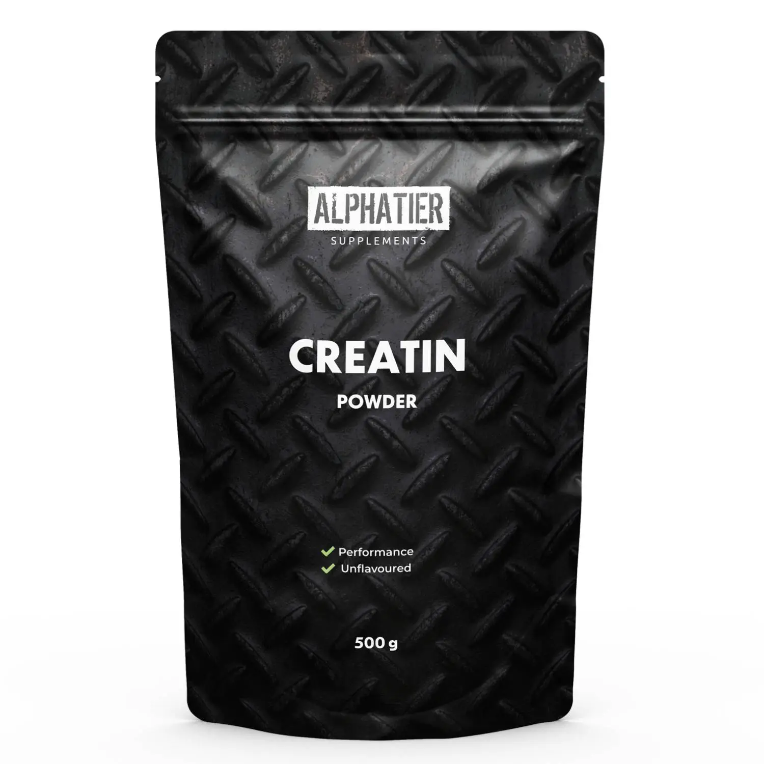 Verpackung von Alphatier Conquerer Creatin (Creapure) Pulver mit Gorilla-Motiv und 500 g Gewicht.