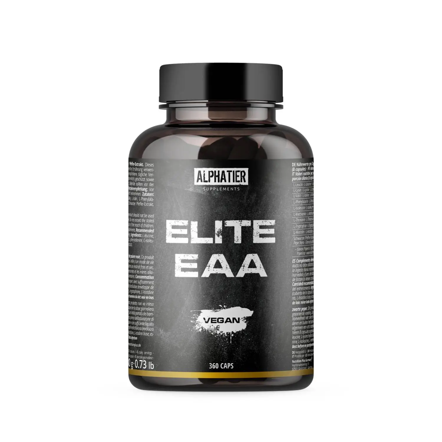 Alphatier Elite EAA Kapseln in dunkler Behälter mit veganem Label, 360 Kapseln.