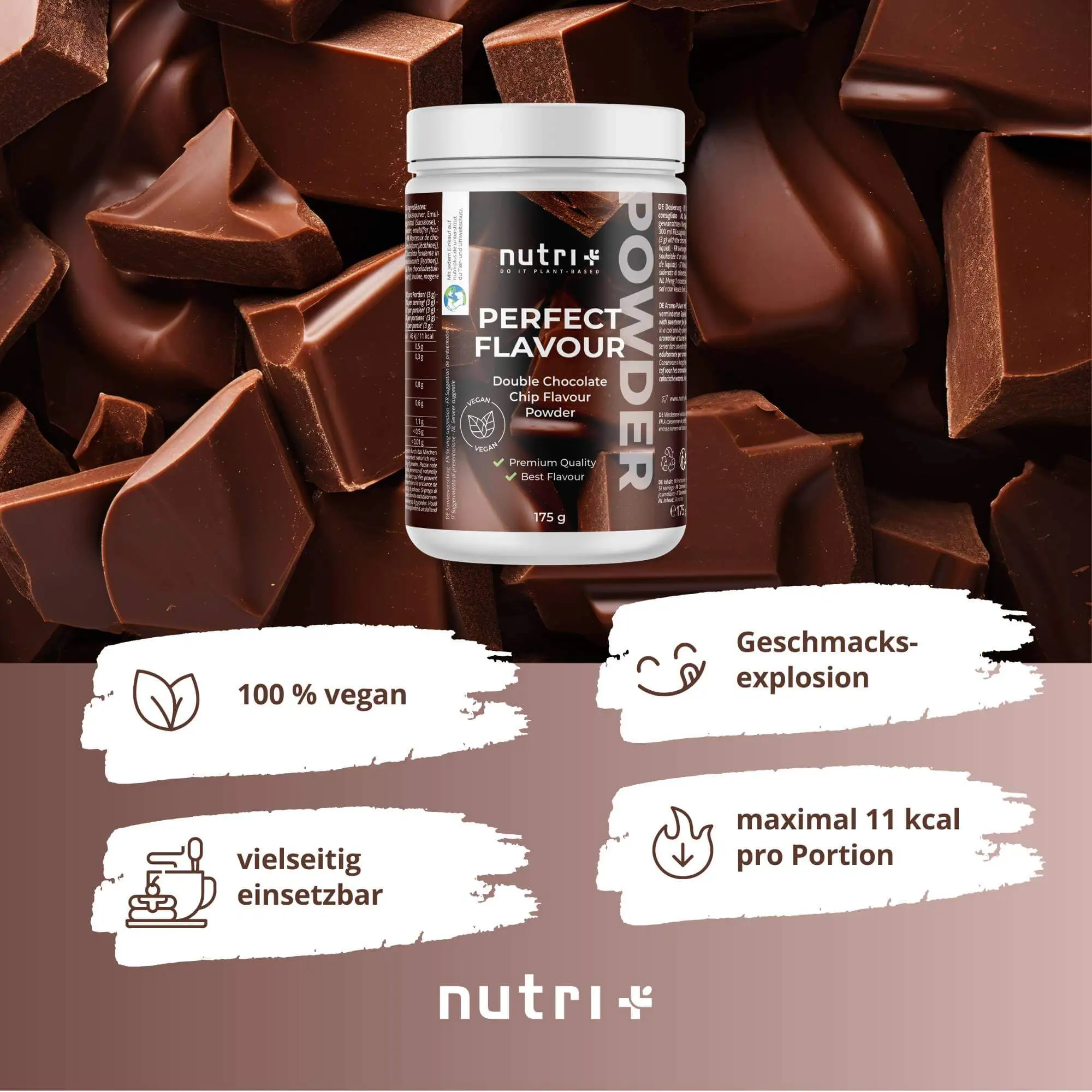 Nutri Perfect Flavour Powder Double Chocolate Chip in einer Dose, umgeben von Schokoladenstücken.