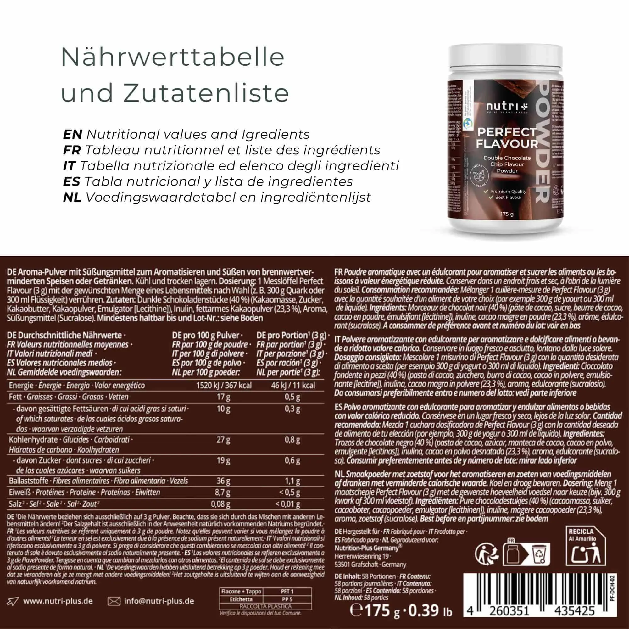 Rückansicht des Perfect Flavour Powder Double Chocolate Chip mit Nährwertangaben und Zutatenliste.