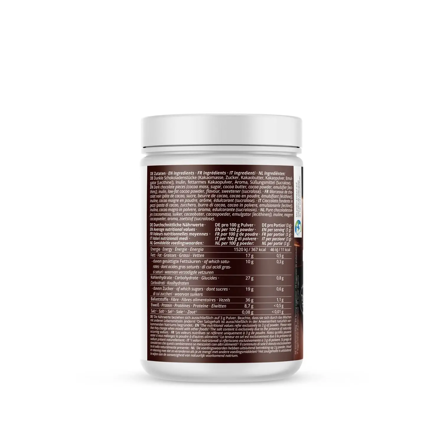 Rückansicht des Perfect Flavour Powder Double Chocolate Chip mit Nährwertangaben und Zutatenliste.