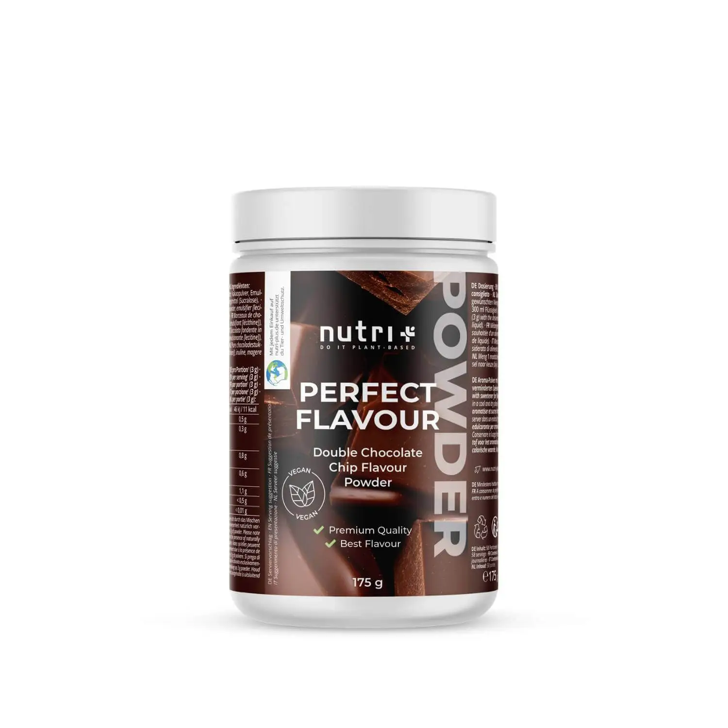 Dosenansicht des Perfect Flavour Powder Double Chocolate Chip mit 175g für schokoladigen Genuss.