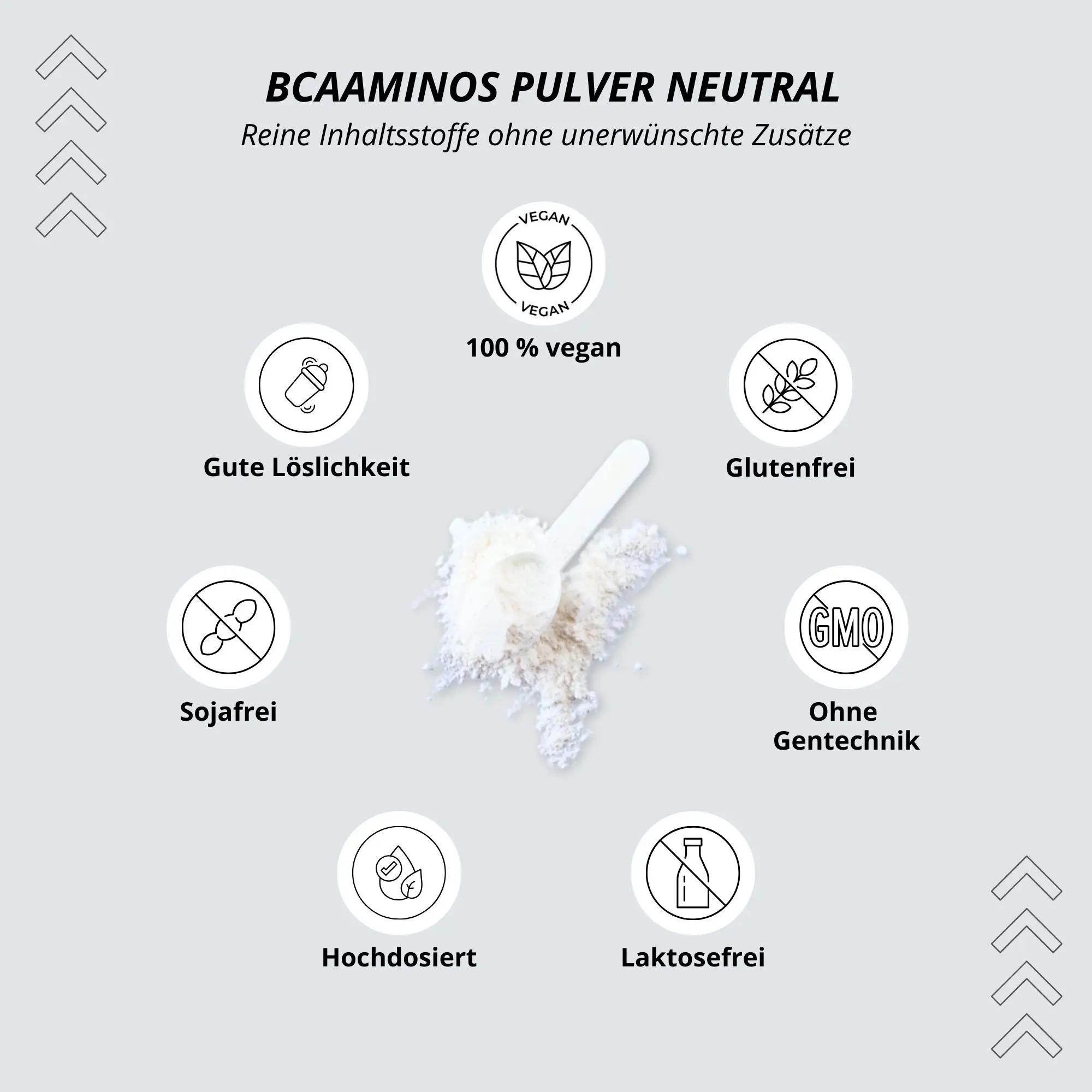 BCAA Instant Pulver Natural mit 100% veganen Inhaltsstoffen und ohne unerwünschte Zusätze.