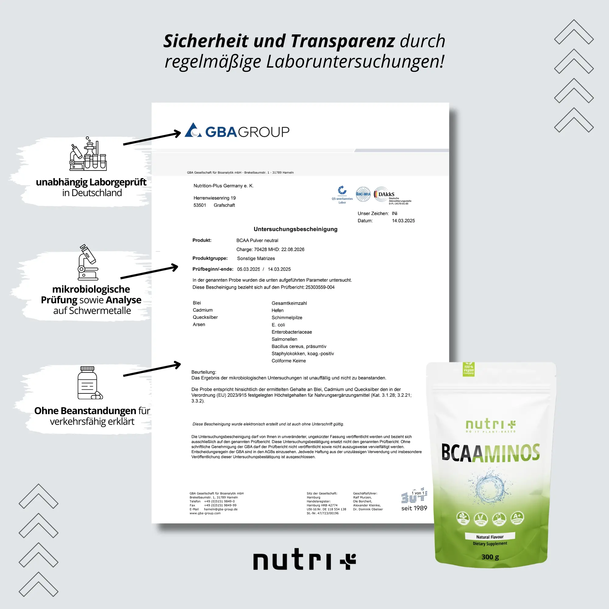 Verpackung des BCAA Instant Pulvers Natural mit Laborprüfzertifikaten für Sicherheit und Transparenz.