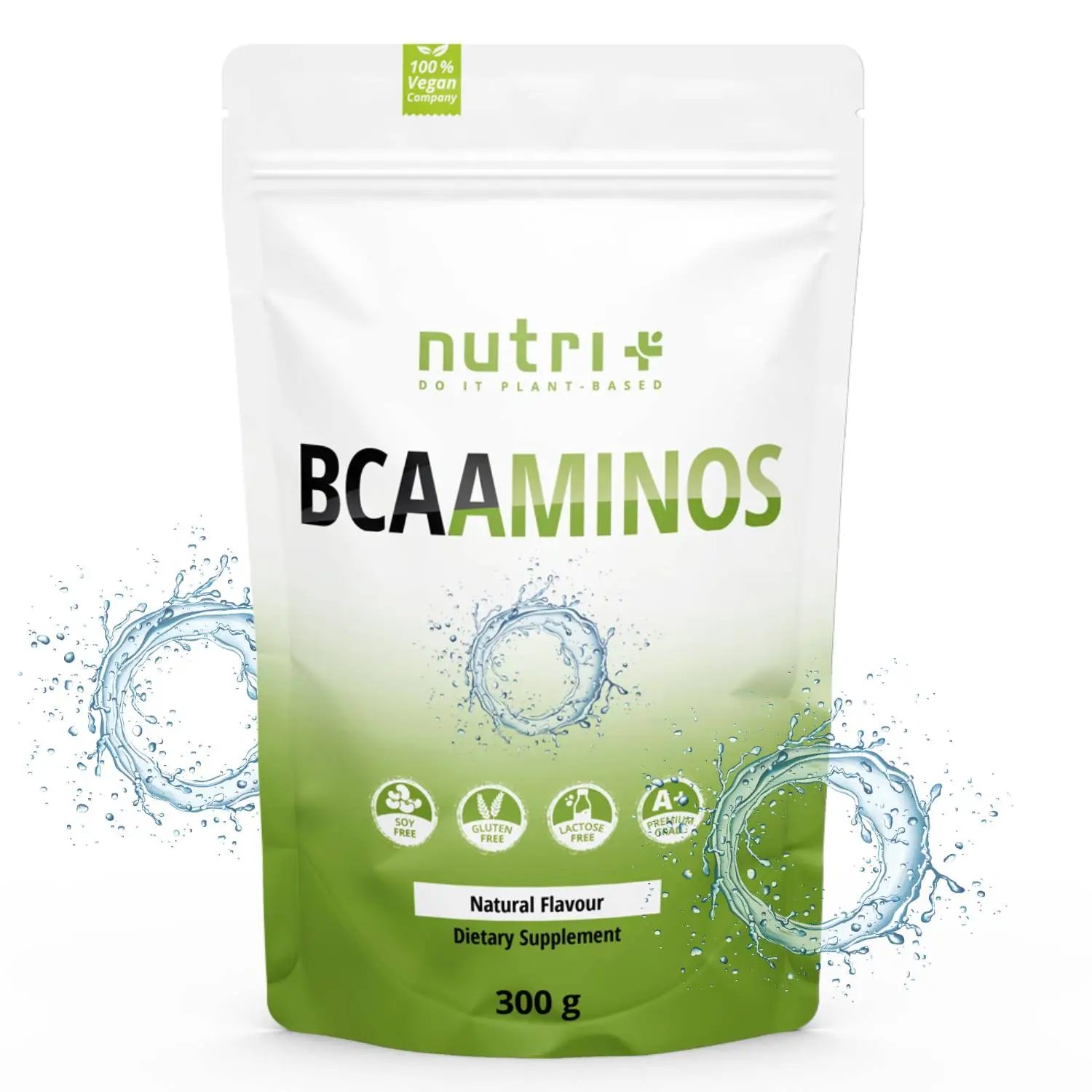 BCAA Instant Pulver Natural in wiederverwendbarer Verpackung mit grünem Design und 300 g Inhalt.