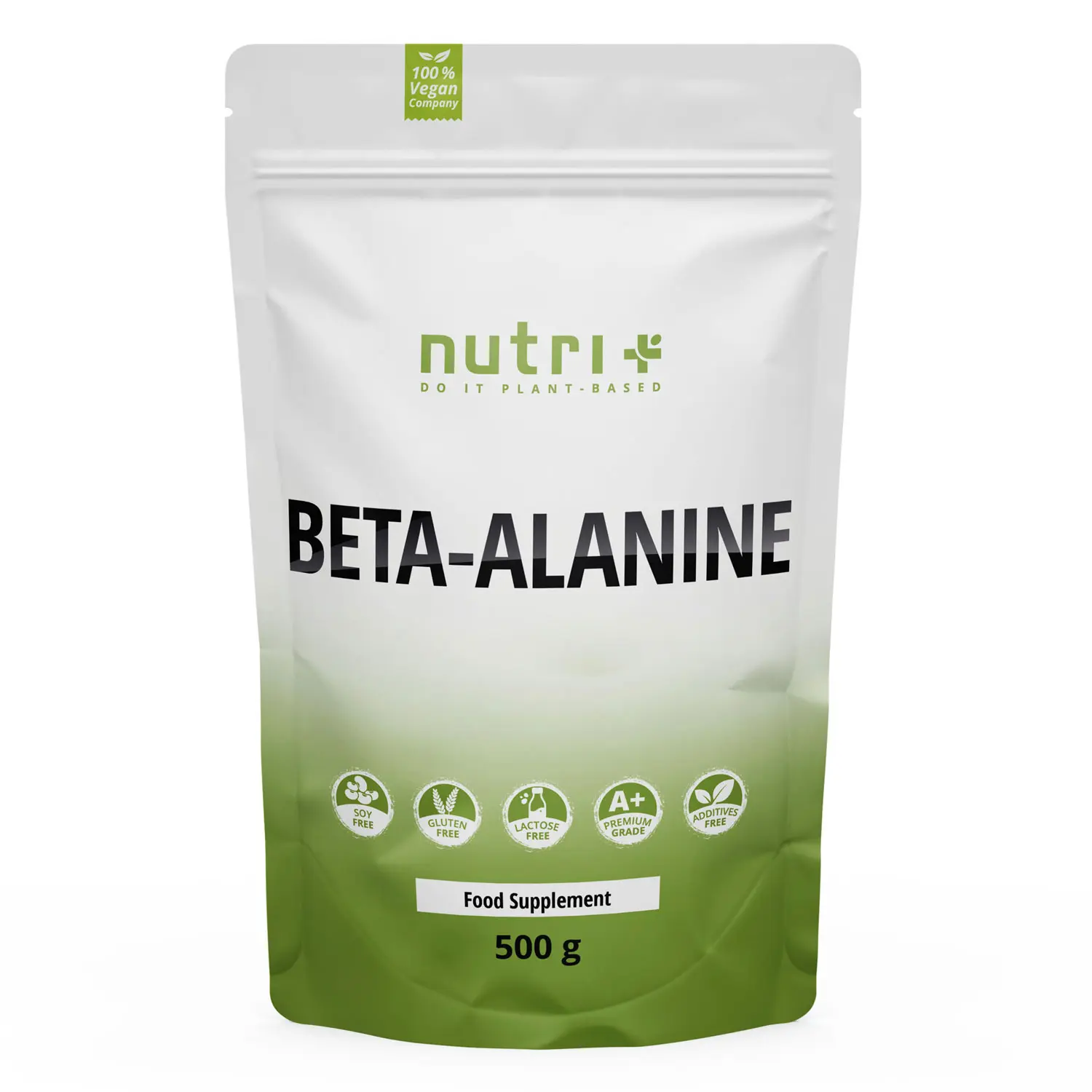 Beta-Alanin Pulver 500 g in umweltfreundlicher Verpackung für vegane Nahrungsergänzung.
