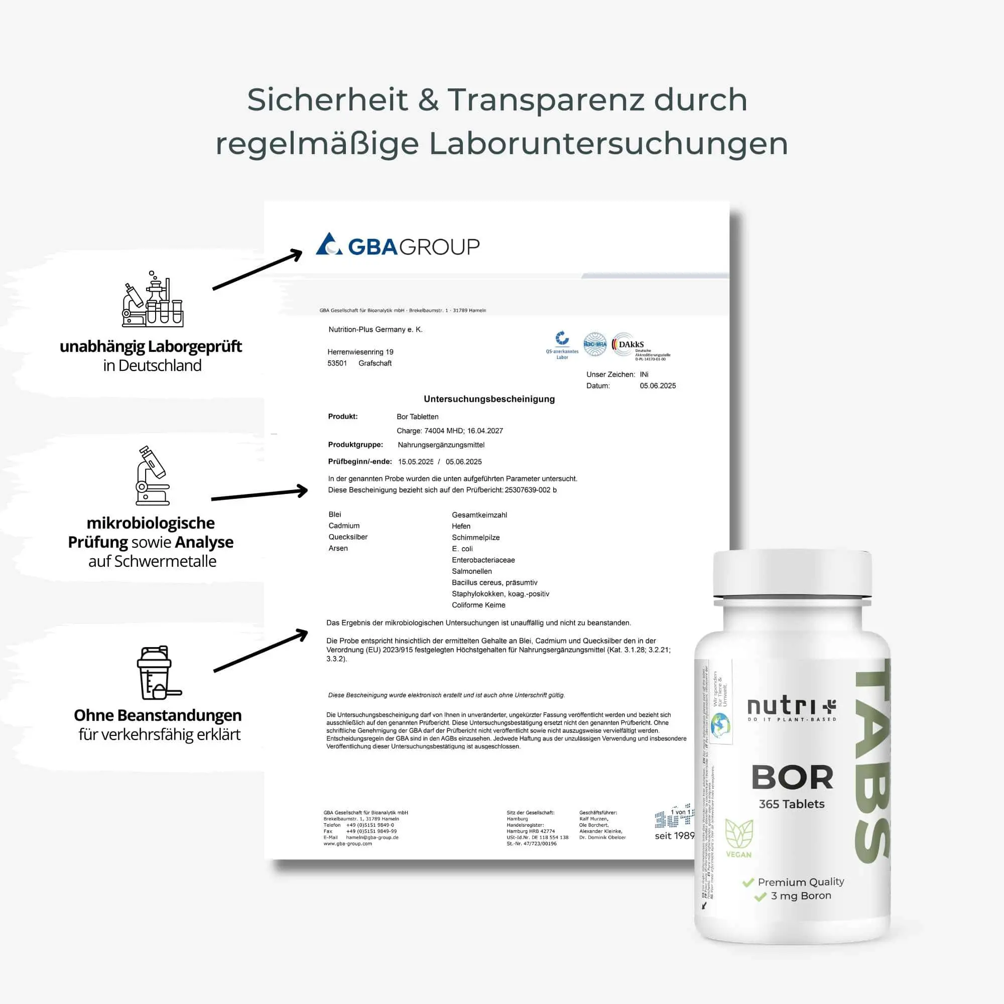 Informationsgrafik zu Bor Tabletten mit Prüfzertifikaten und Produktdetails für Transparenz und Sicherheit.