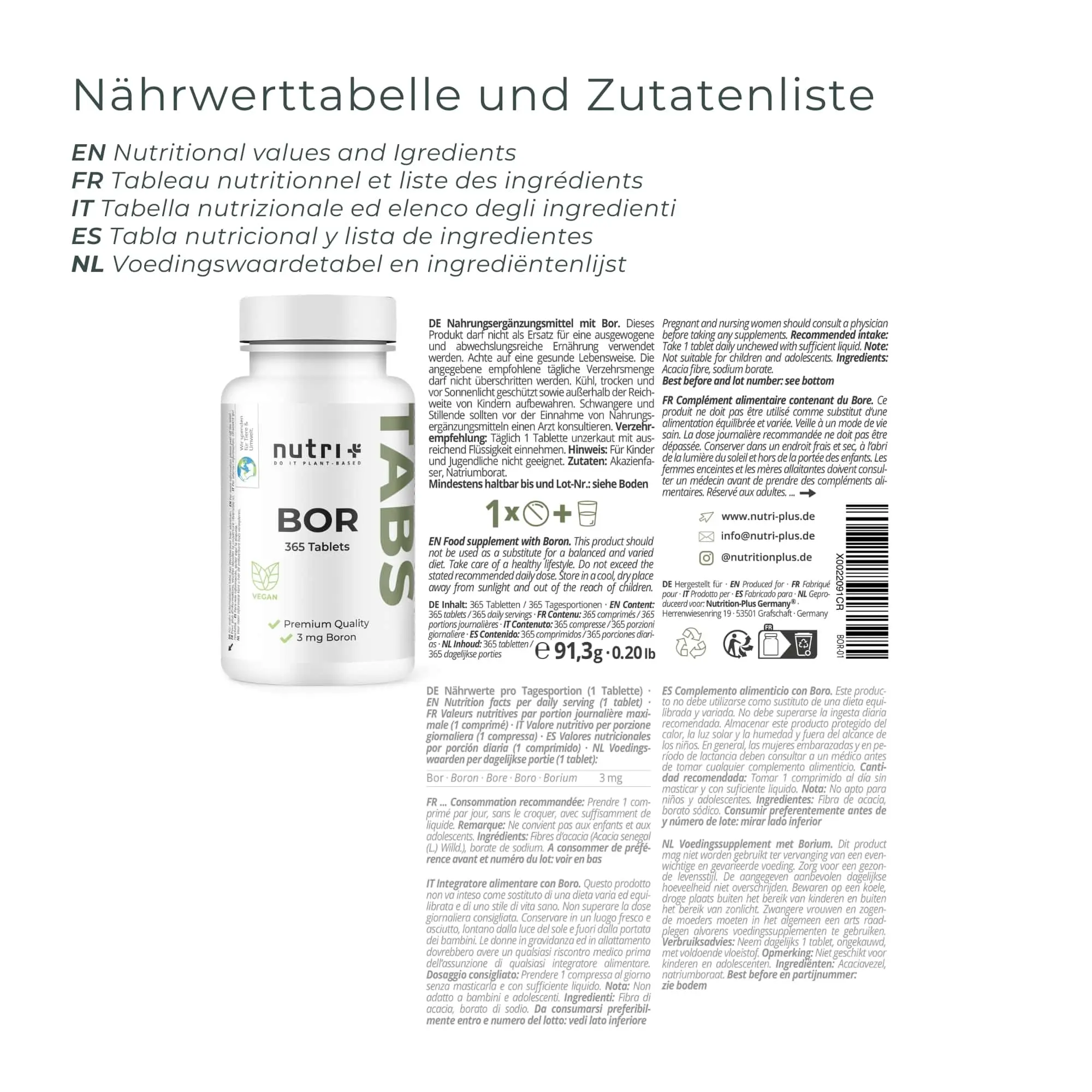 Bor Tabletten mit Nährwerttabelle und Zutatenliste auf der Verpackung.
