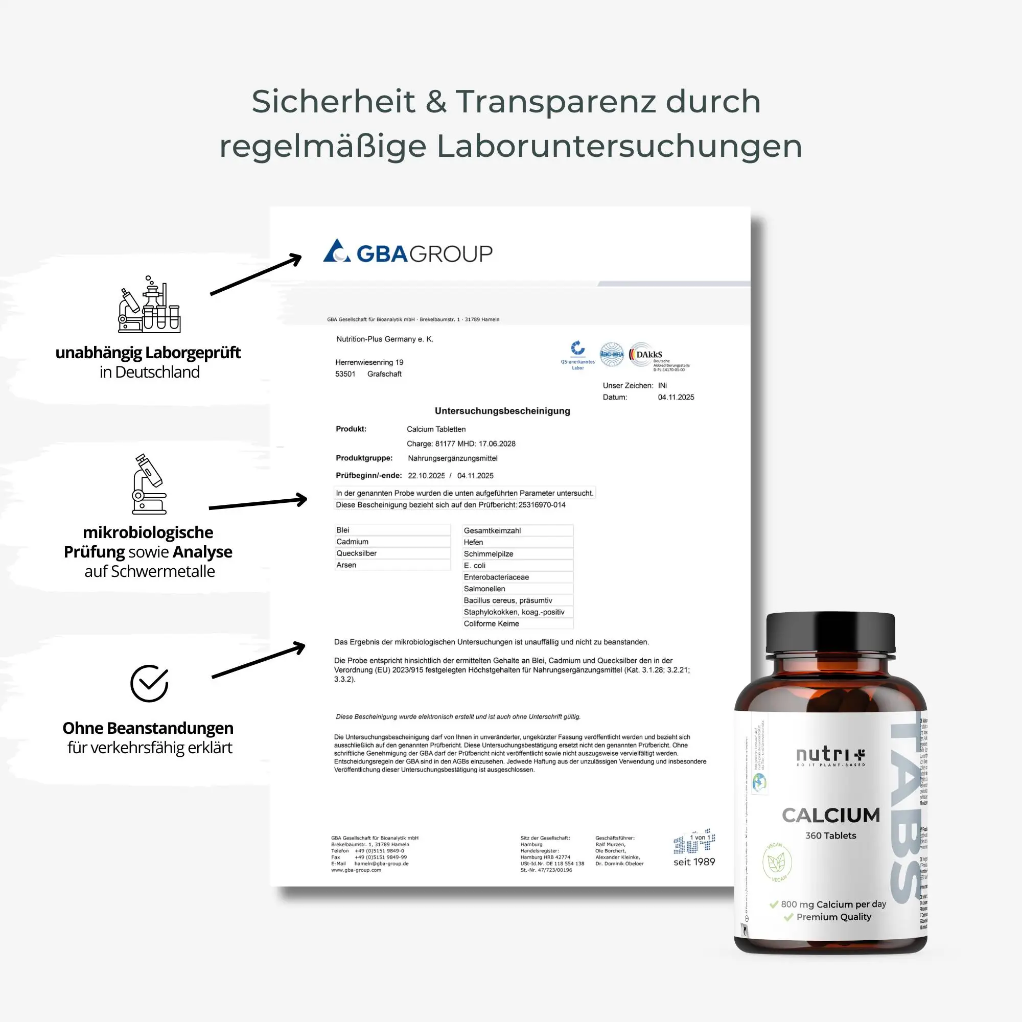 Calcium Tabletten: Produktbild mit Laboruntersuchungen und Sicherheitsinformationen für Transparenz.