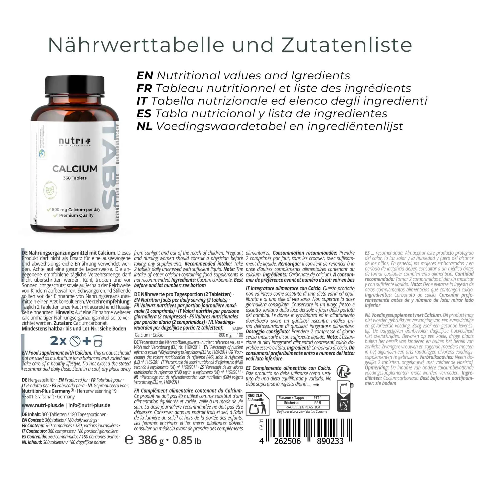 Nährwerttabelle und Zutatenliste für Calcium Tabletten, vegan und hochdosiert mit Calciumcarbonat.