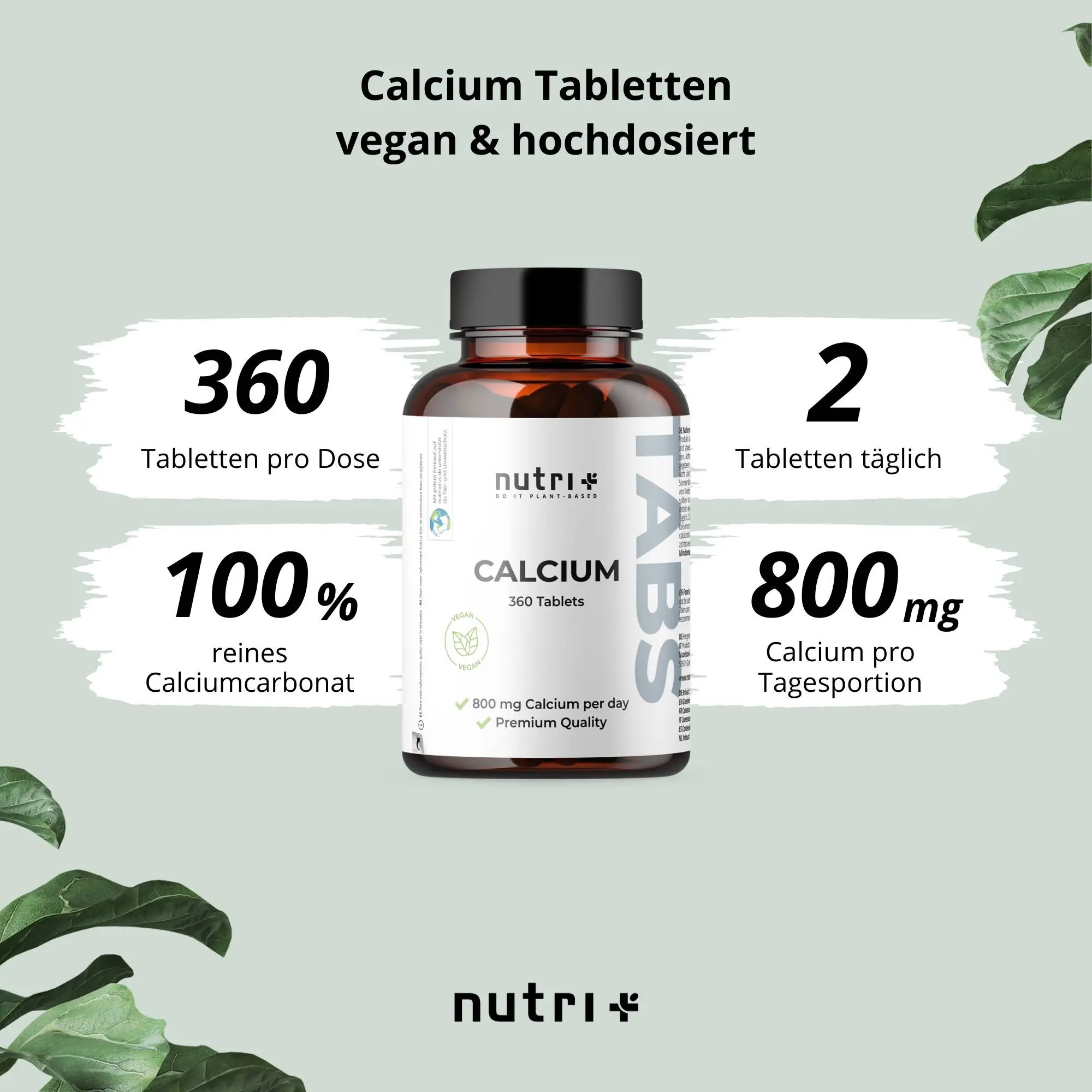 Flasche mit Calcium Tabletten, vegan, hochdosiert, 360 Tabletten, 800 mg Calcium pro Tagesportion.