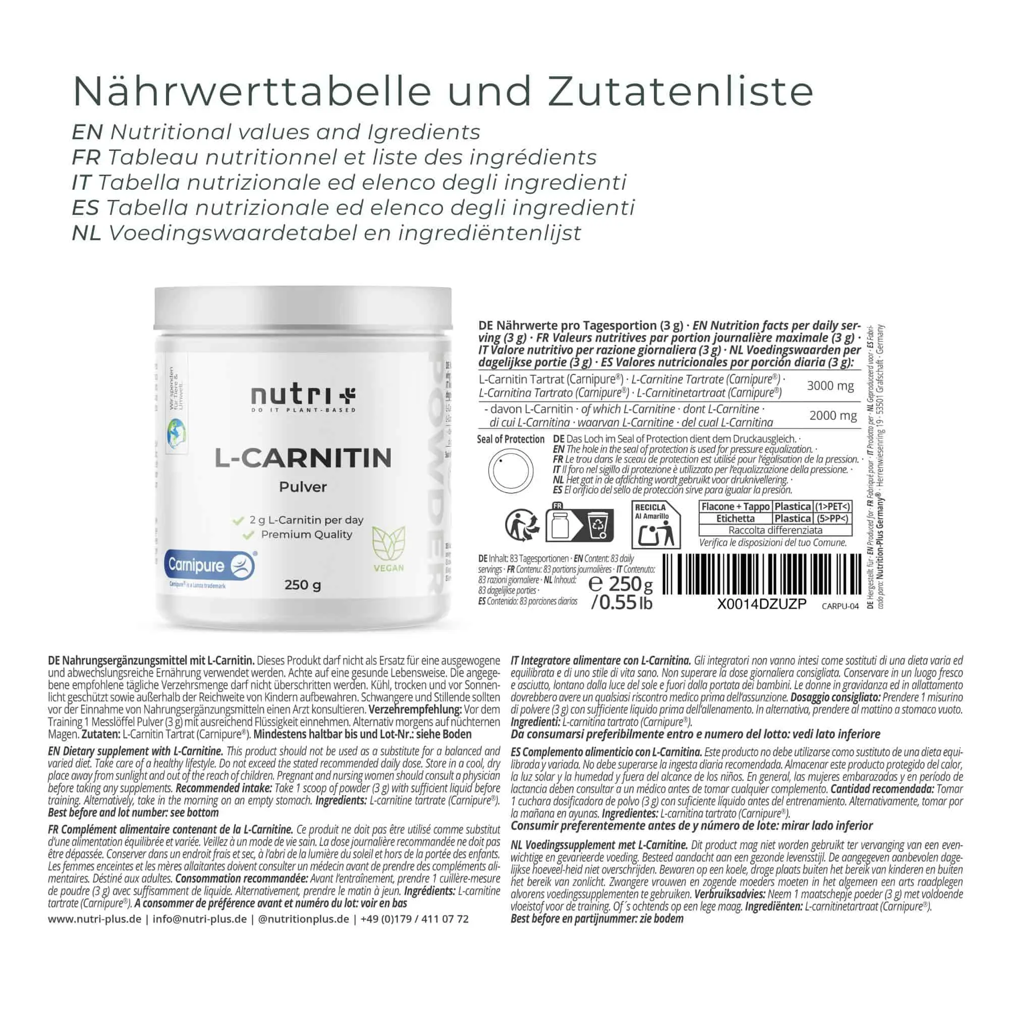 Nährwerttabelle und Zutatenliste für L-Carnitin Pulver (Carnipure) in 250g Verpackung.