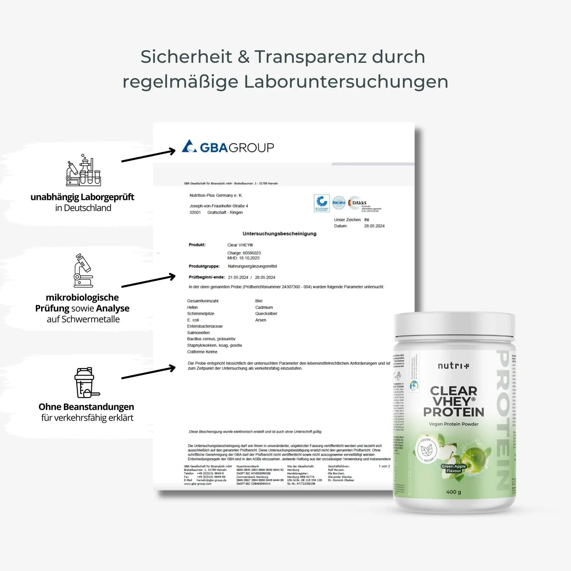 Zertifikat der Clear VHEY® Protein Green Apple, das Laboruntersuchungen und Sicherheit belegt.