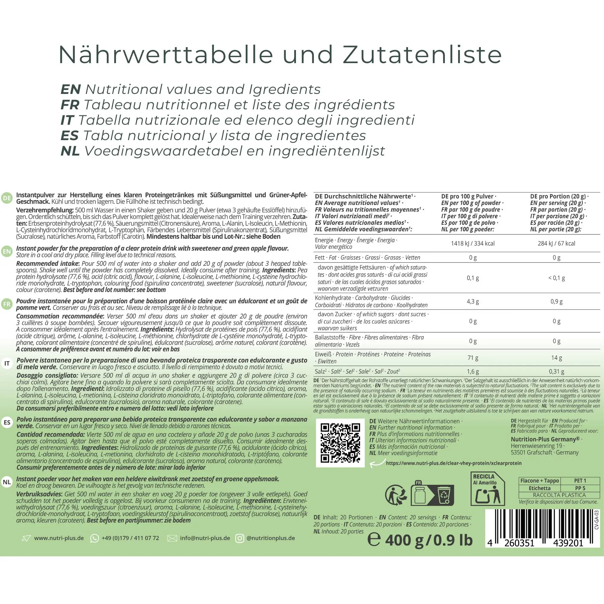 Nährwerttabelle und Zutatenliste für Clear VHEY® Protein Green Apple in deutscher Sprache.