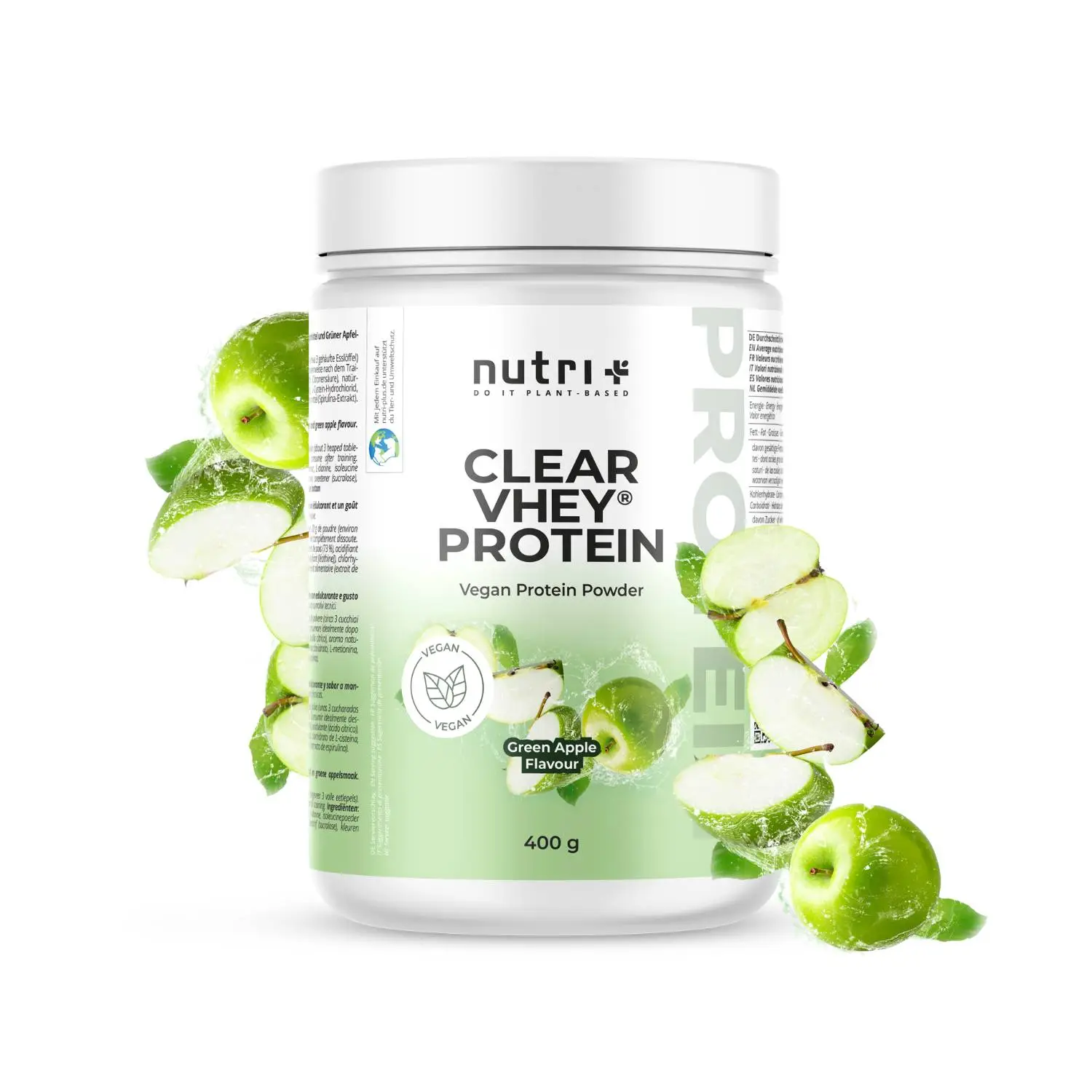 Clear VHEY® Protein Green Apple: veganes Proteinpulver mit grünem Apfelgeschmack in einer 400 g Dose.