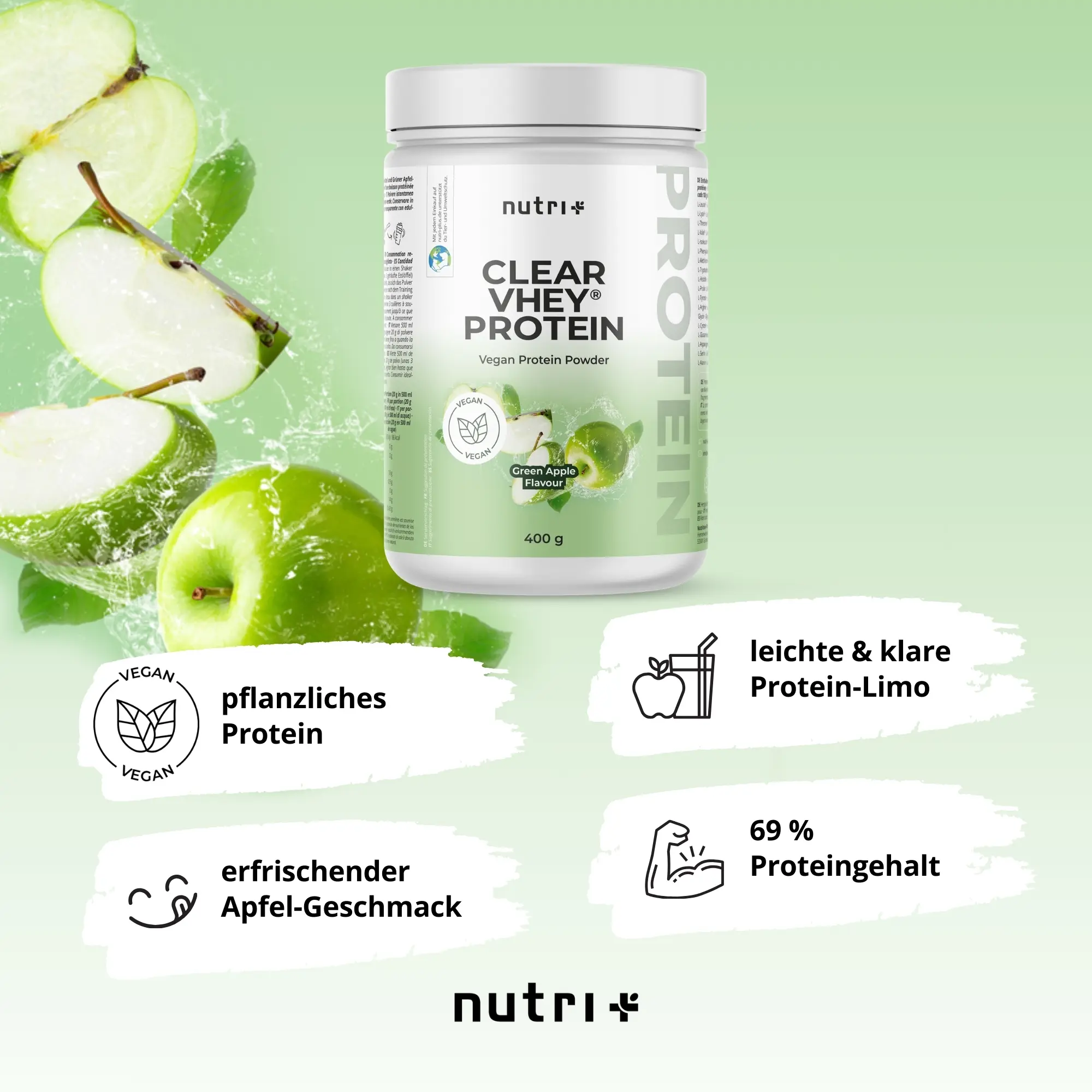 Clear VHEY® Protein Green Apple in weißer Verpackung mit grünem Apfel-Design und veganem Inhalt.