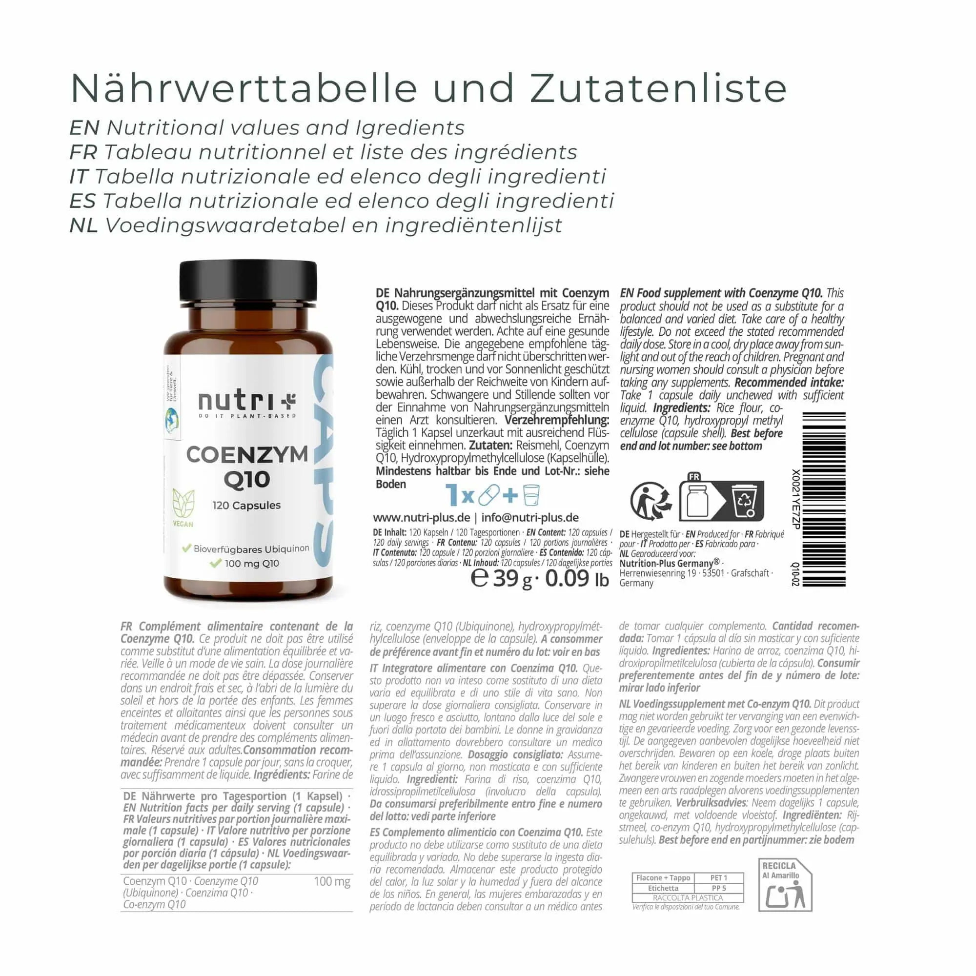 Coenzym Q10 Kapseln in der Packung mit Nährwerttabelle und Zutatenliste auf der Rückseite.