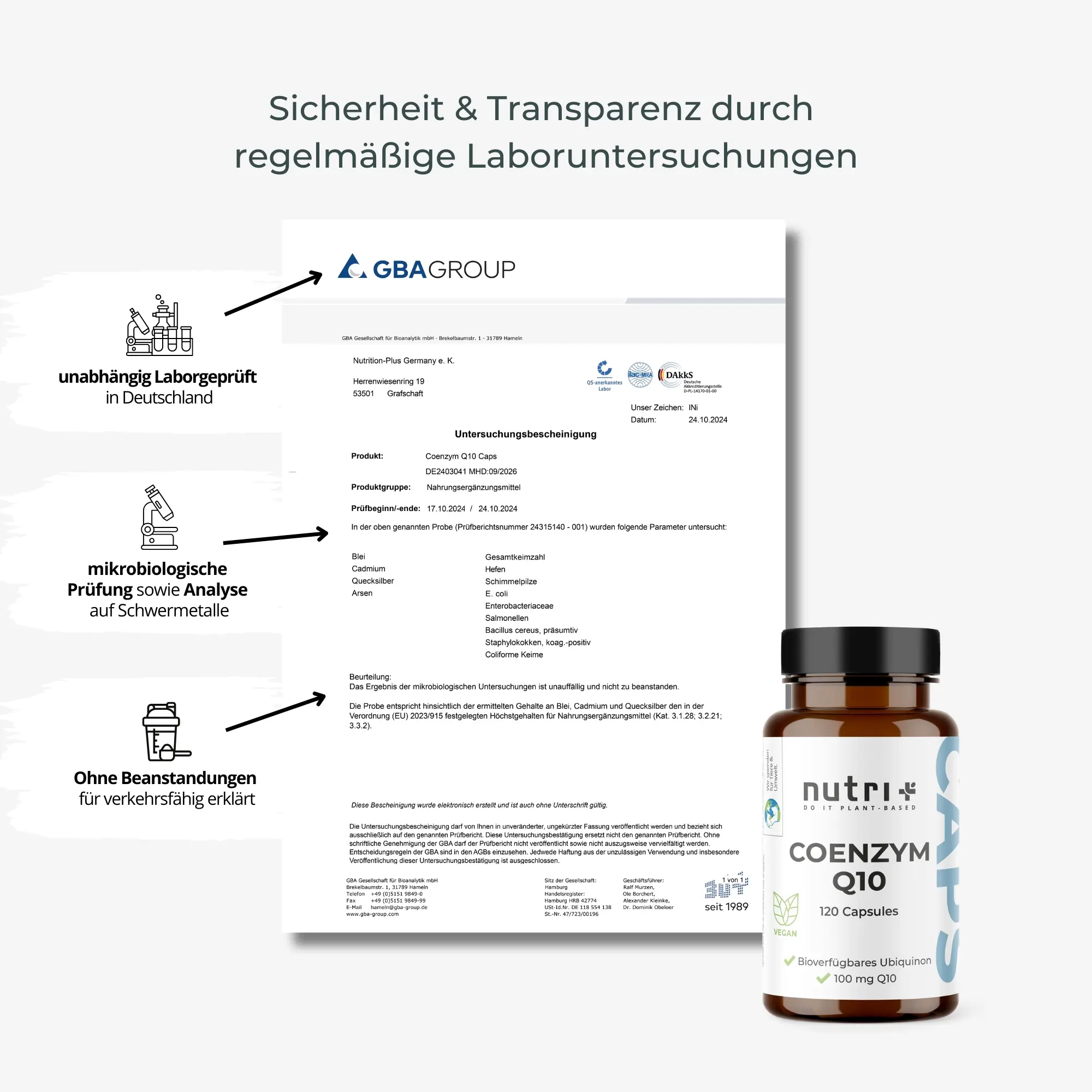 Coenzym Q10 Kapseln mit Laborprüfzertifikat für Sicherheit und Transparenz in der Produktqualität.