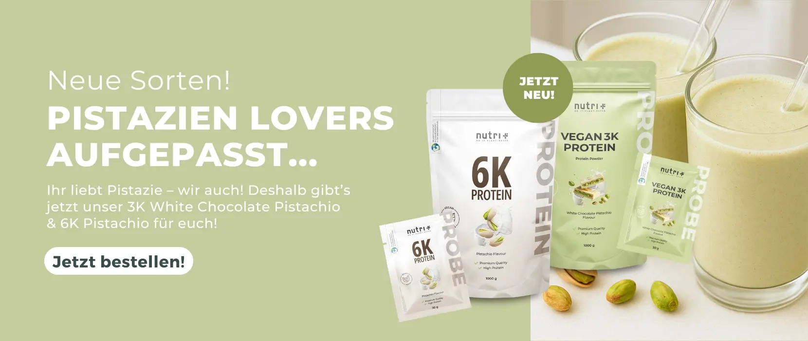 Neue Sorten Proteinpulver Pistazie 3K & 6K mit leckeren Proteinshakes zubereitet