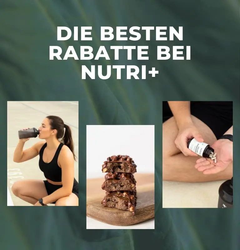 Anzeige für Nutri+ mit Rabattaktionen: Sportlerin mit Shake, proteinreiche Snacks und Supplementen.
